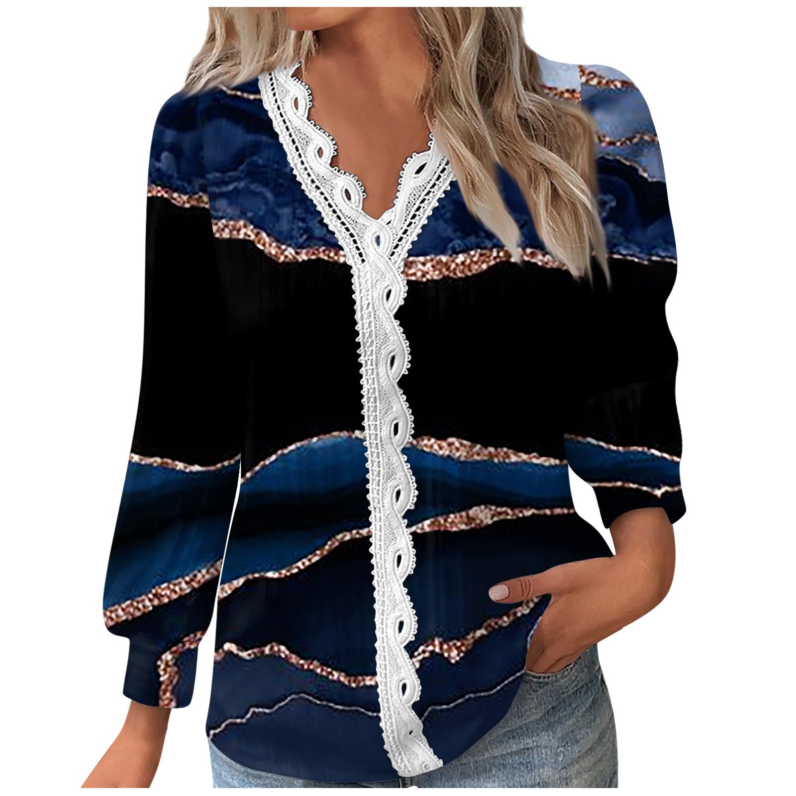 Shirts for Women,Boho Blouse Western Aztec Tshirts Long Sleeve Tops Lace V Neck T Shirts Sexy Graphic Tees Fall