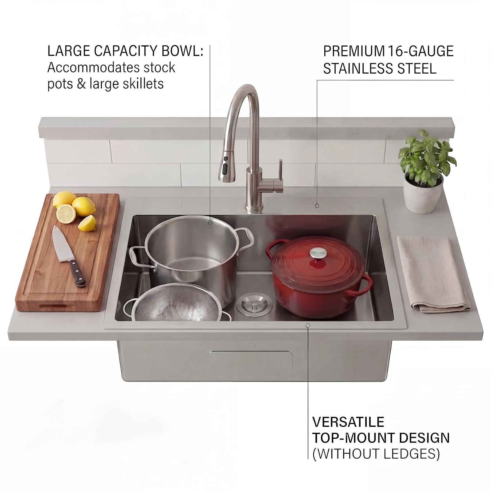 VAPSINT Küchenspüle, 55,9 x 45,7 cm, 304 Edelstahl, 55,9 cm, Topmount Wet Bar Spüle, 16 Gauge Bürste, Nickel, für den Außenbereich, kleine Einzelschüssel, Wohnmobil, Waschküche, Vorbereitungsspüle mit