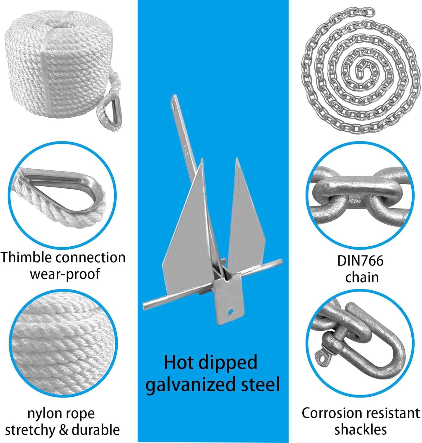 ISURE MARINE Boat Fluke Style Anchor Kit 13 lb Galvanized Steel Includes Anchor, Rope, Chain, and Shackles
