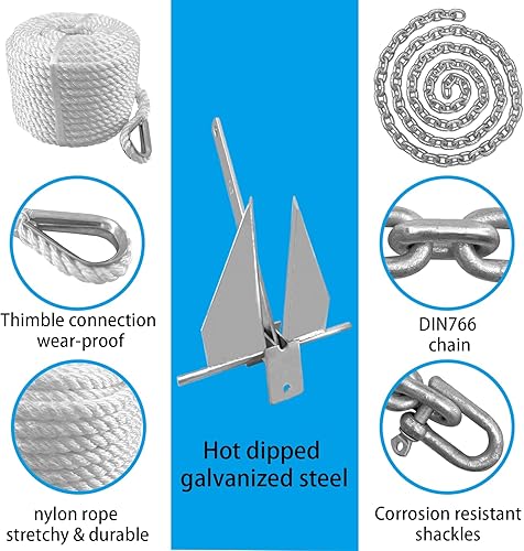 Miniatura 3 de ISURE MARINE Boat Fluke Style - Kit de anclaje de acero galvanizado de 13 libras, incluye ancla, cuerda, cadena y grilletes