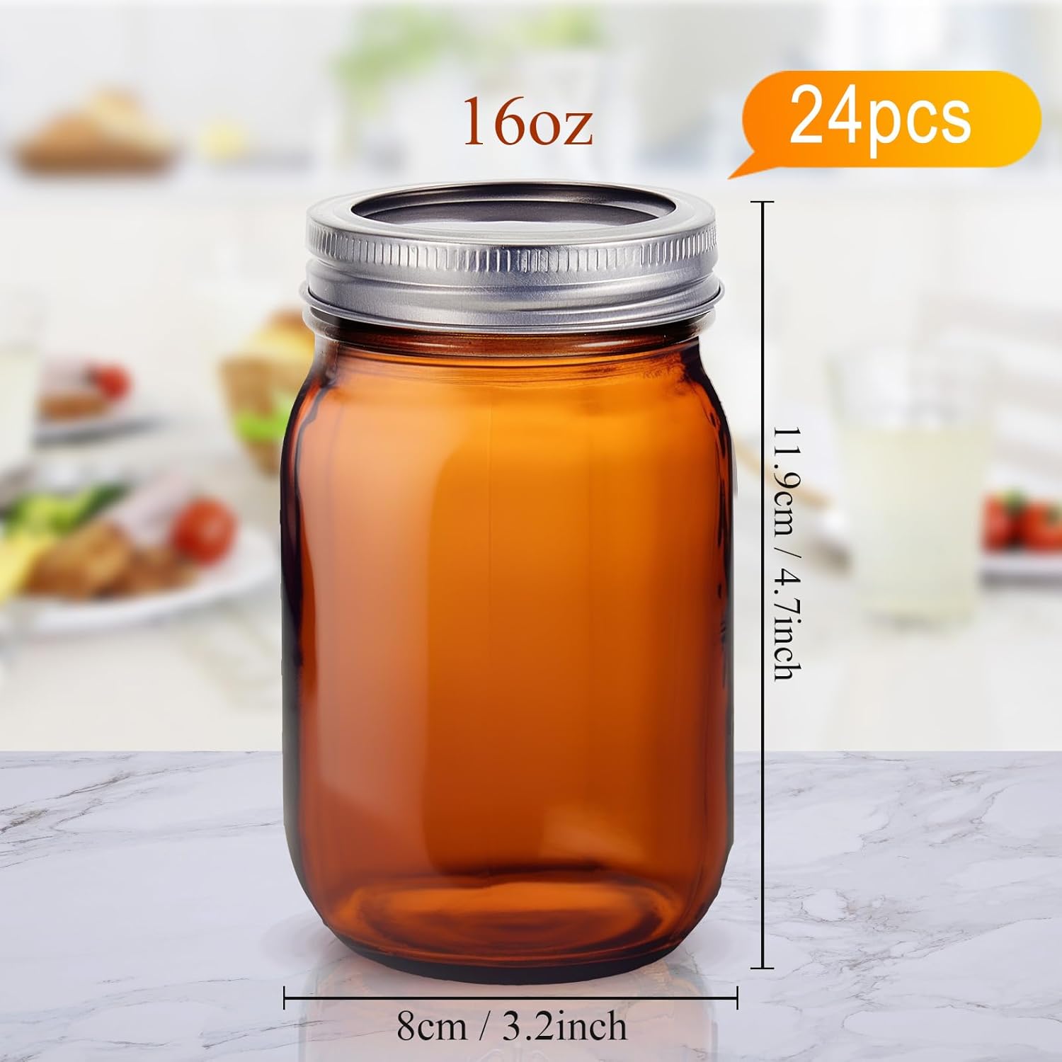 Norme 24 Pieces Amber Mason Jars 16 oz Amber Glass Mason Jar with Airtight Lids Canning Apothecary for Pickle Fermenting Canning Freezing Beverages Preserving