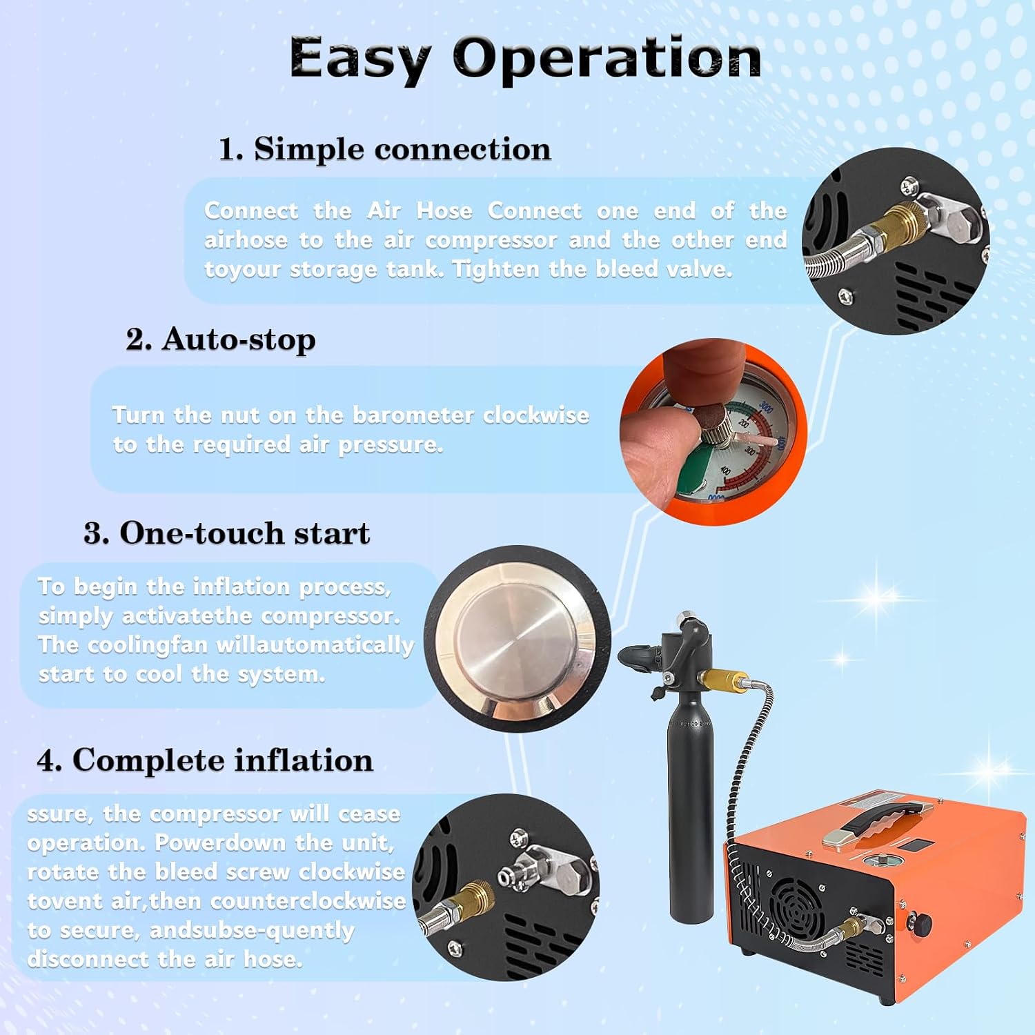 PCP Air Compressor with Auto-Stop, Portable 4500Psi High Pressure Pump, Built-in Transformer, Oil-Free PCP Pump for Airgun Paintball Tank, 110V AC/12V DC