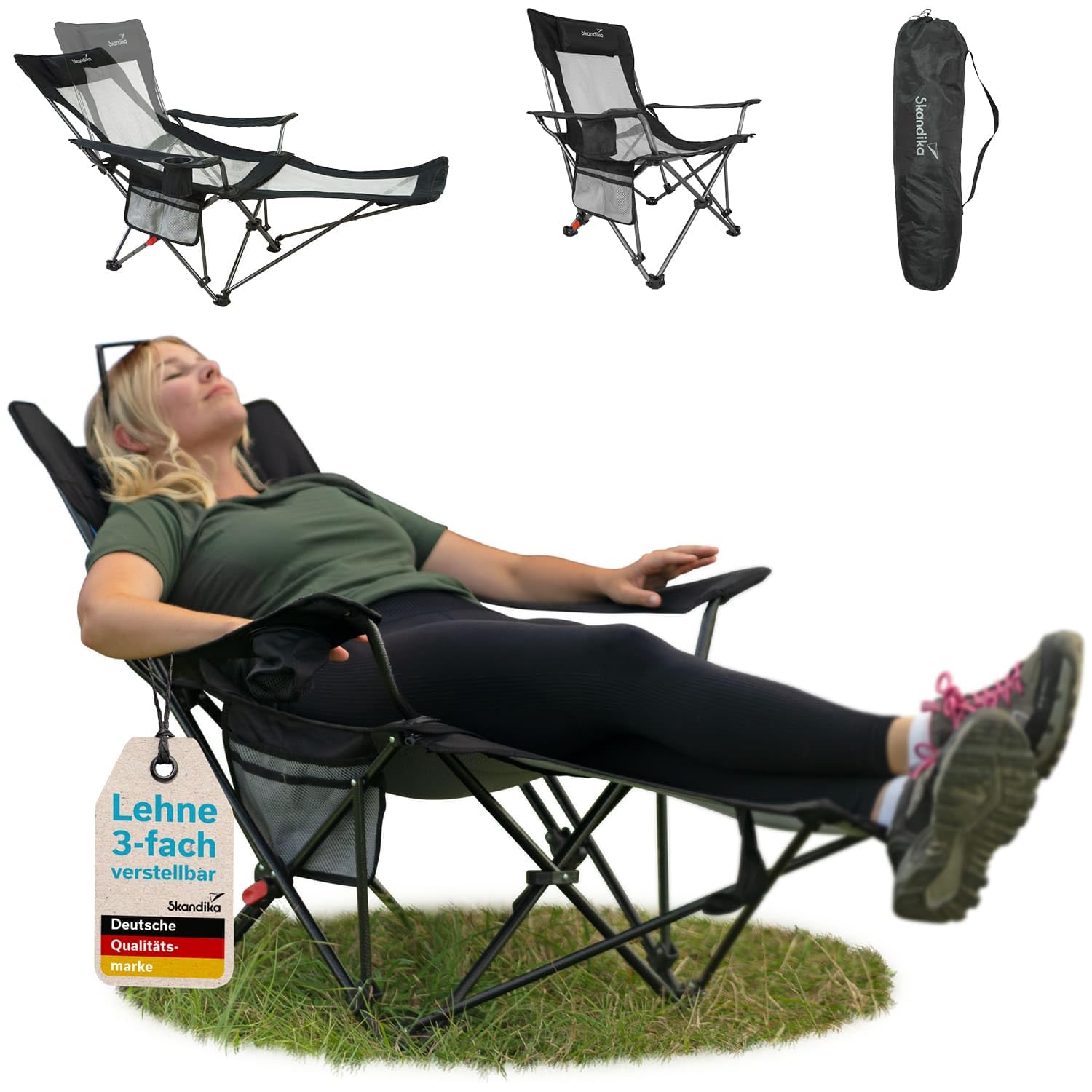 Skandika Campingstuhl mit Fußablage Toras | 2-in-1 Liegefunktion, Faltbarer Liegestuhl, verstellbare Rückenlehne, leicht, Klappstuhl mit Getränkehalter, Strandstuhl klappbar Camping Stuhl Faltstuhl