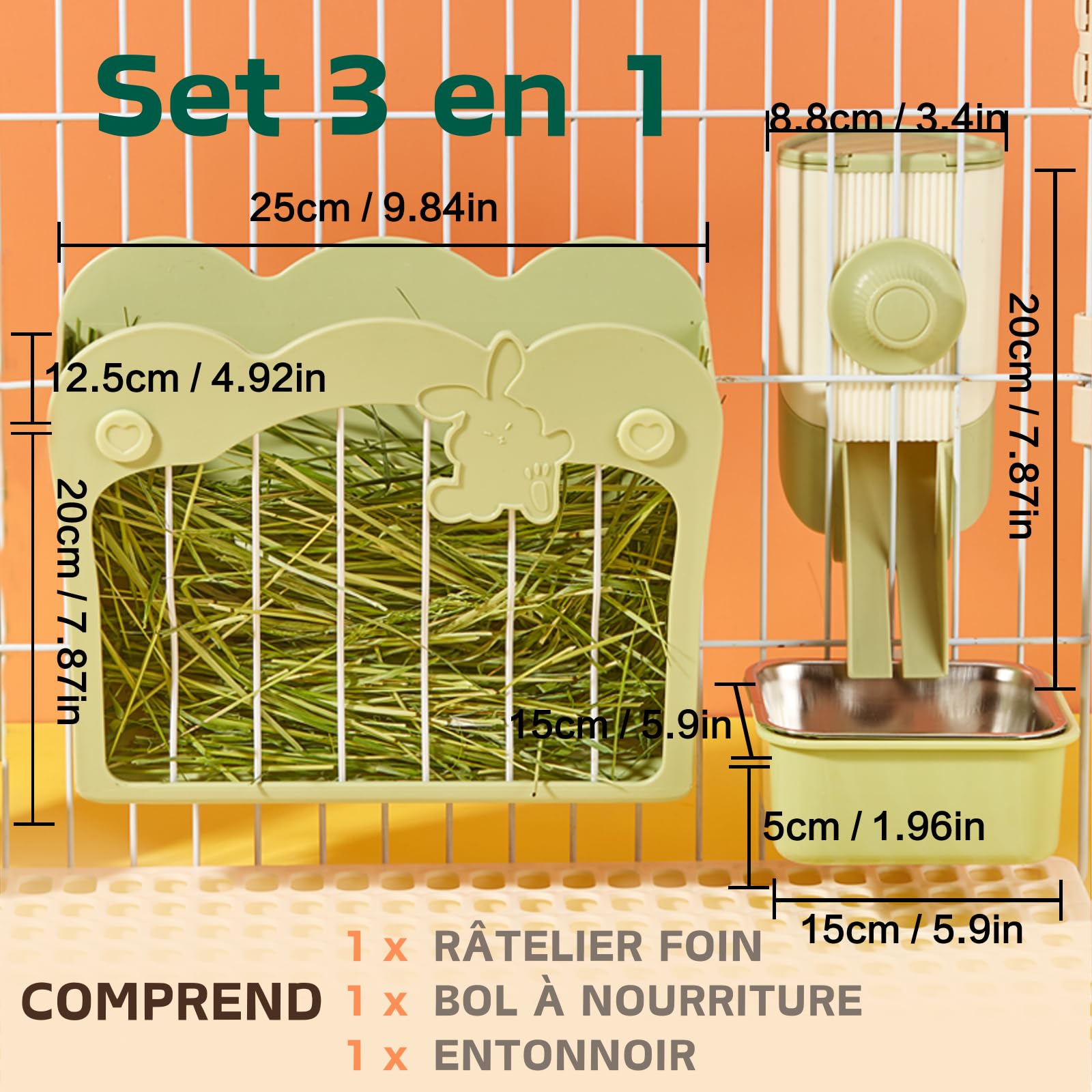 Mangeoire Foin Lapin, Kit d'alimentation 3 en 1 avec gamelle et Entonnoir Suspendu pour Cage, Râtelier à Foin pour Lapin Cochon d'Inde Chinchilla (Vert) de la marque septillar