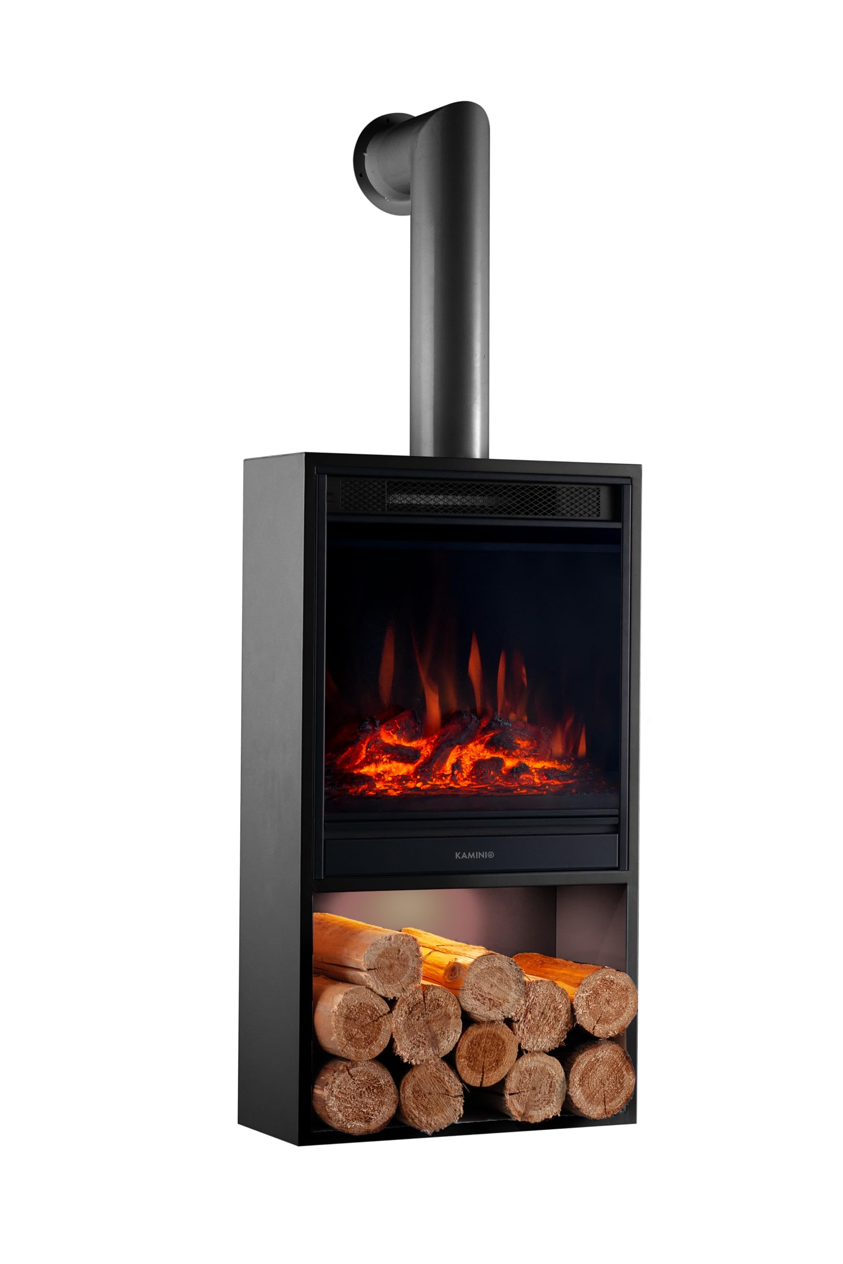 KAMINIO Hugo Electric Fireplace with decorative chimney pipe and wood storage