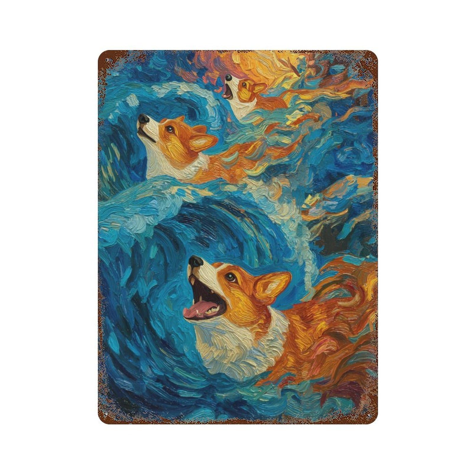 Rustic Tin Plaque Corgis Riding Waves 15.7"x11.8", Vintage Wall Decor for Pub, Kitchen And Man Cave Decor