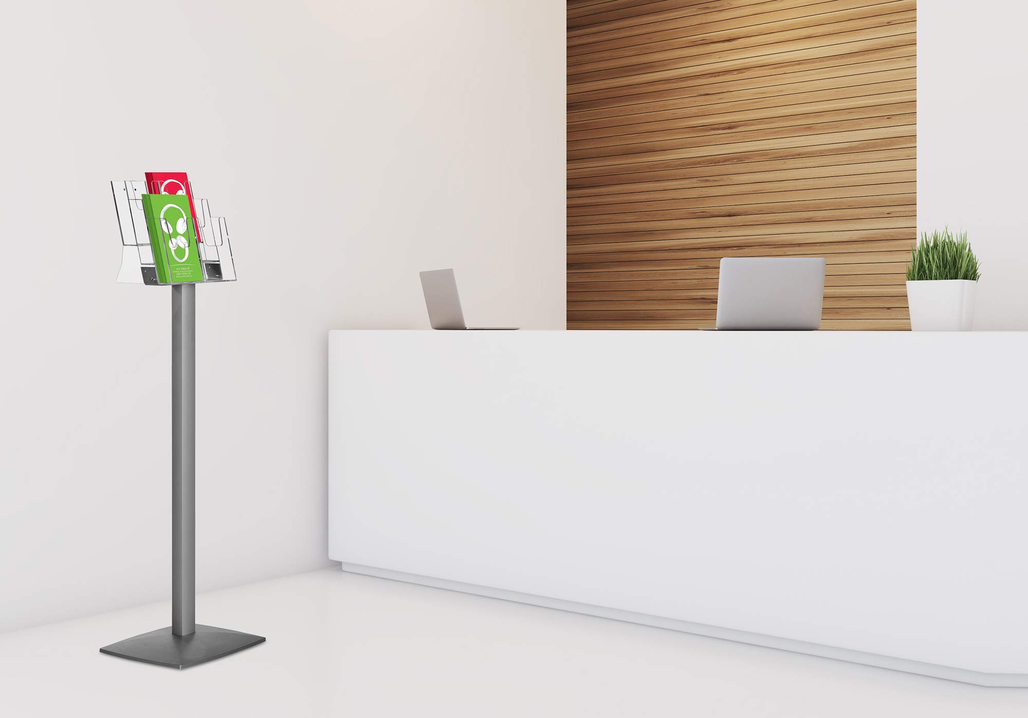Boden-Prospektständer Pillar 6 x DIN Lang – Acrylablage auf stabilem Alu-Gestell