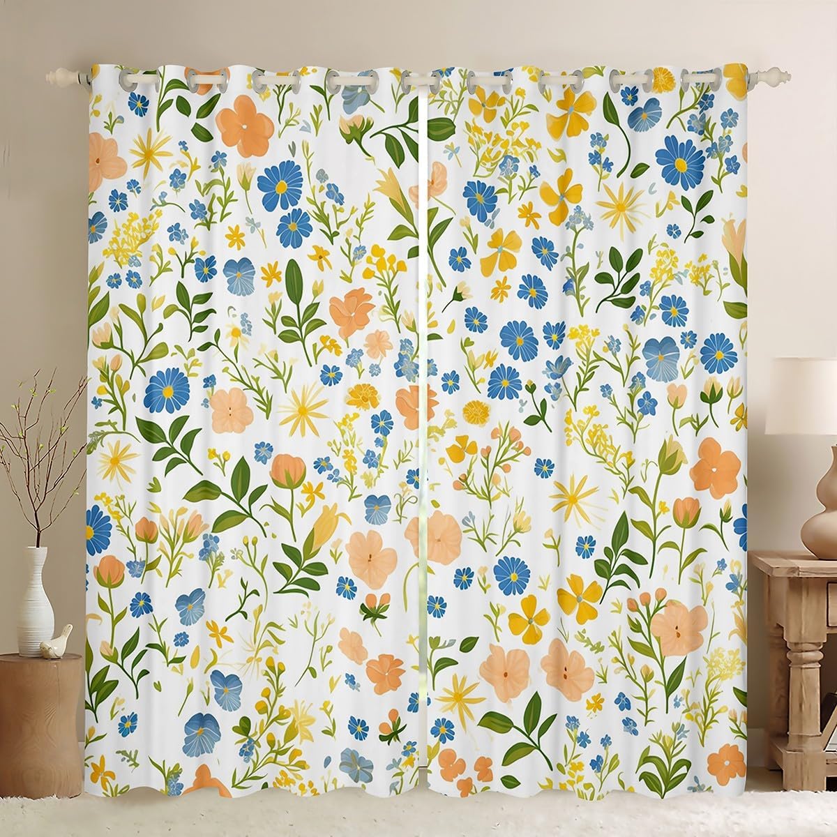 Boho Floral Blackout Curtains,Blue Yellow Flowers Print Colorful Kitchen Window Treatments,Leaves Botanical Ink Painting Window Drapes for Home Decor, 2 Panels,42Wx63L inch