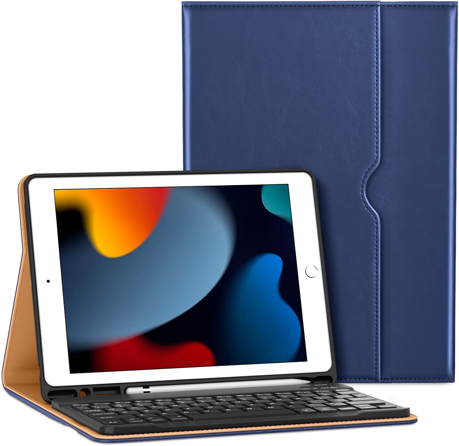 VIKESI Keyboard Case for iPad 9th / 8th / 7th Generation 10.2 inch (2021/2020/2019), Premium Leather Smart Cover, Built-in Breathing Light, Function Row, Pencil Holder, Card Slots - Navy Blue