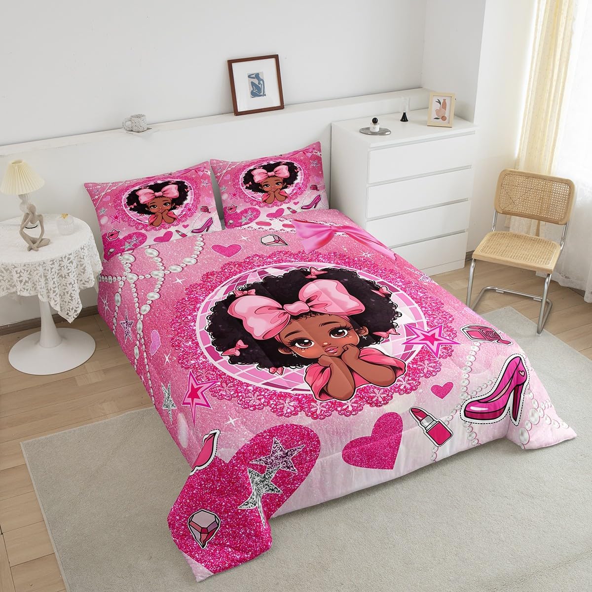 Manfei Black Princess Girly Comforter Set Full Size,High-Heeled Shoes Lip Bowknot Diamond Bedding Set,Girls Women Room Decor,African American Girls Down Comforter,Pink Cute Duvet Insert,2 Pillowcases - Image 7