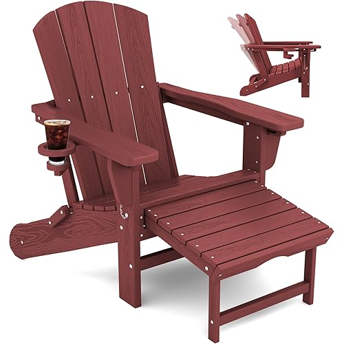 KINGYES Folding Adjustable Adirondack Chair with Ottoman, Red