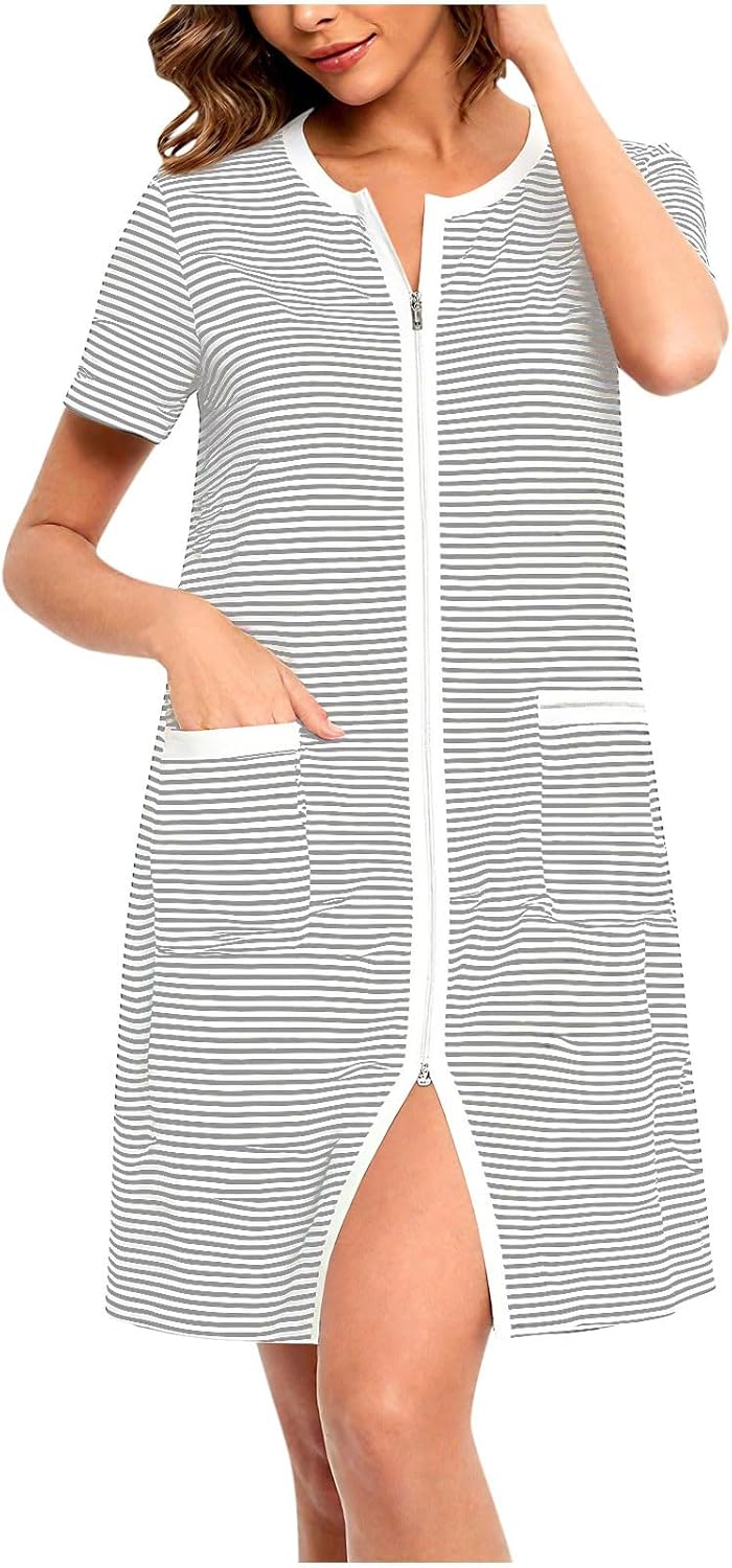 Zipper Front Striped Nightgown for Women Short Sleeve House Dress Crewneck Nightshirt Loose Sleepwear with Pockets