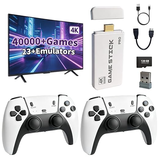 2026 New Upgraded Wireless Retro Gaming Console, 23 Emulators and 40000+Games, Plug and Play 4K HDMI TV Game Stick, with Dual 2.4G Wireless Controllers, Suitable for friends' gatherings and parent-child interactions (128G)