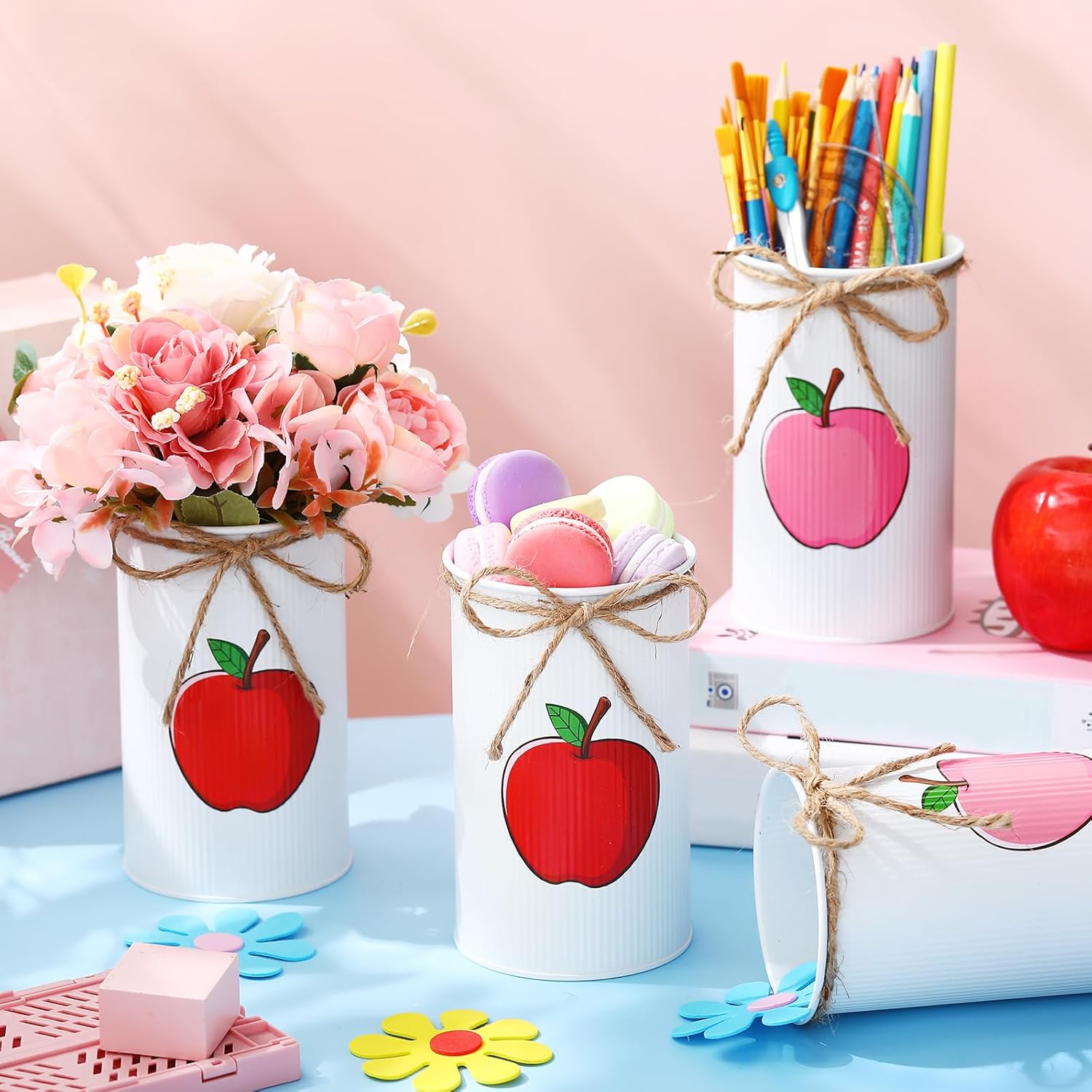 Domensi 4 Pcs Fall Apple Decorations Apple Vases Autumn Thanksgiving Table Centerpieces Galvanized Metal Vase for Flower Mason Jar Utensil Holder for Home Office Party Decor Teacher Appreciation Gift