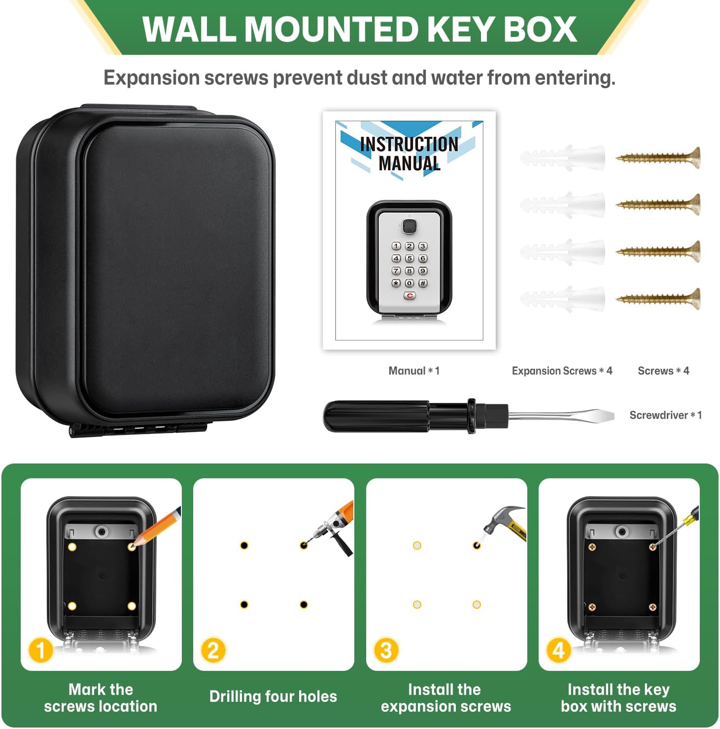 Image showing the ENONEO Key Box and its included accessories: user manual, expansion screws, screws, and a screwdriver.