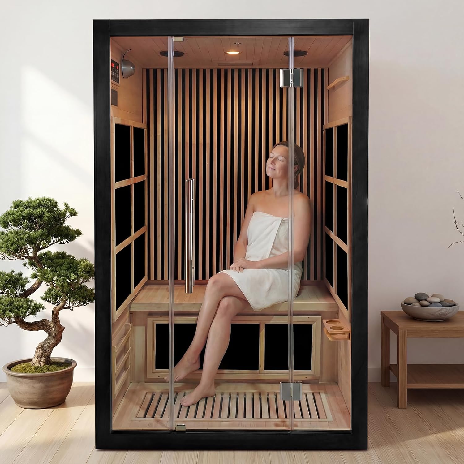 Vyre Sauna for 1-2 Person, Black – Low EMF FAR Infrared Home Sauna with Red Light Therapy and Bluetooth, Made from Canadian Hemlock Wood, 120V