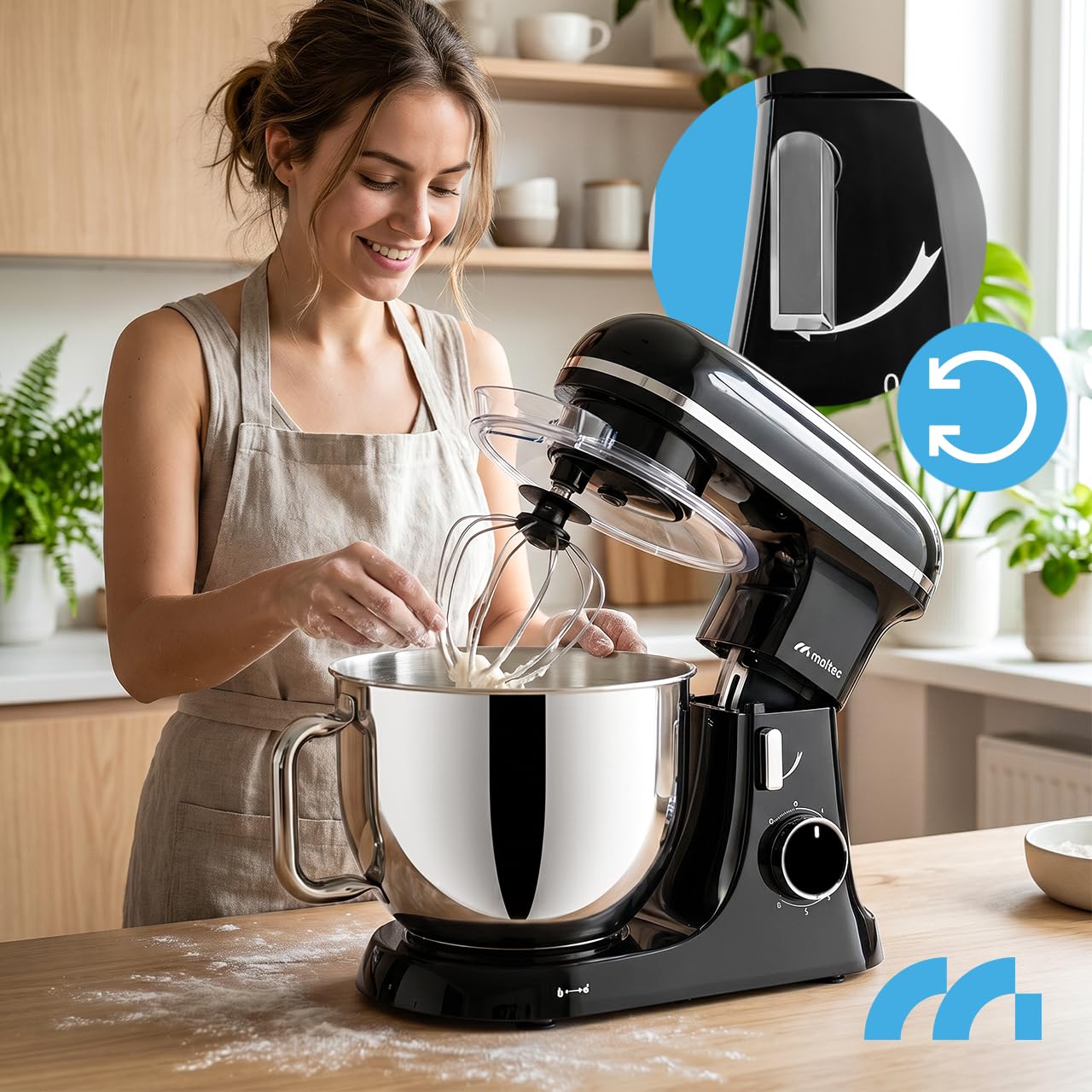 MalTec Küchenmaschine 2000W mit 7L Edelstahlschüssel und planetarischem Rührwerk, mit Knethaken Schneebesen Flachrührer Eiertrenner Pulsfunktion LED-Drehregler Spritzschutz, für Backen und Kochen