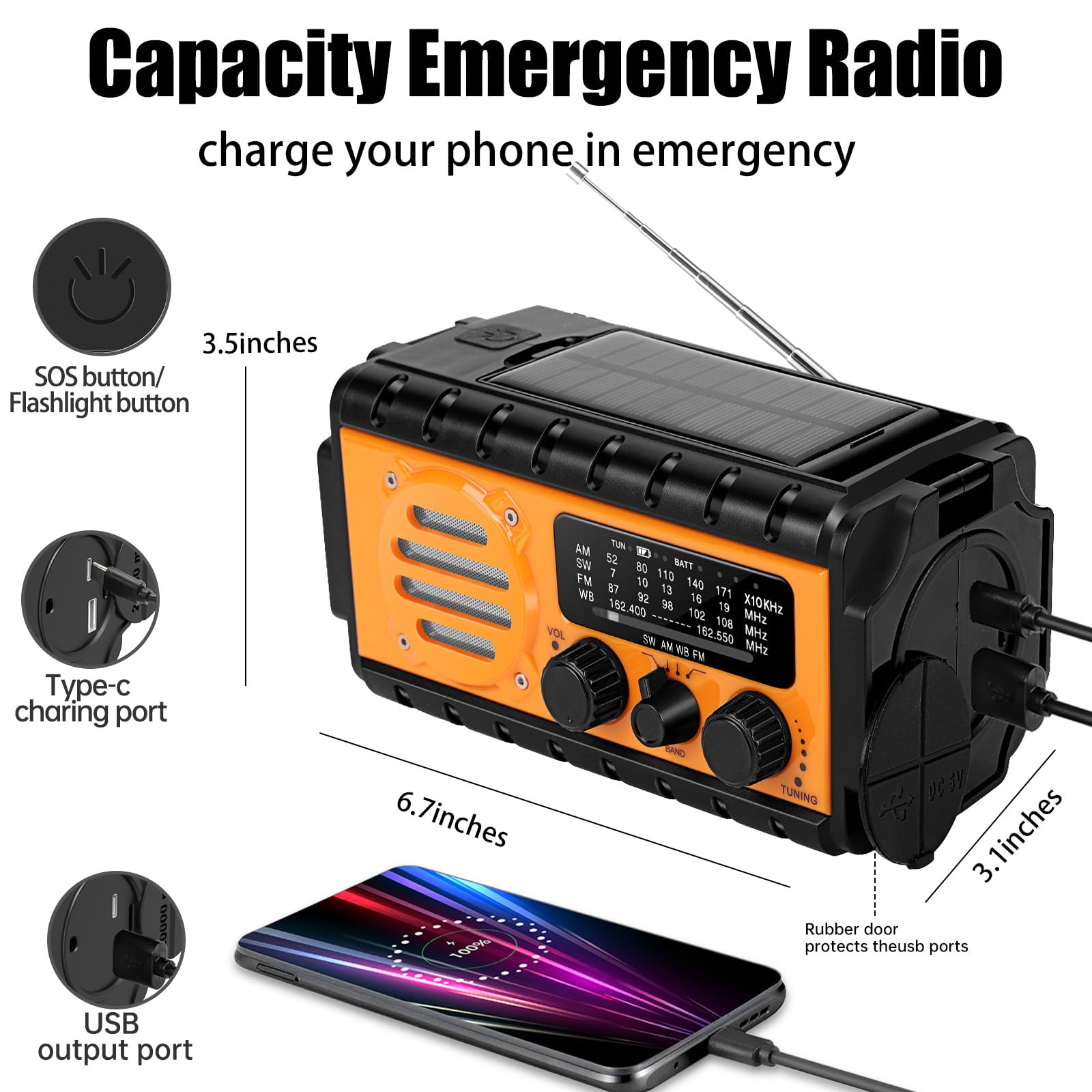 Winnes Radio d'urgence 20 000 mAh AM/FM avec lampe de poche et alarme SOS charge solaire