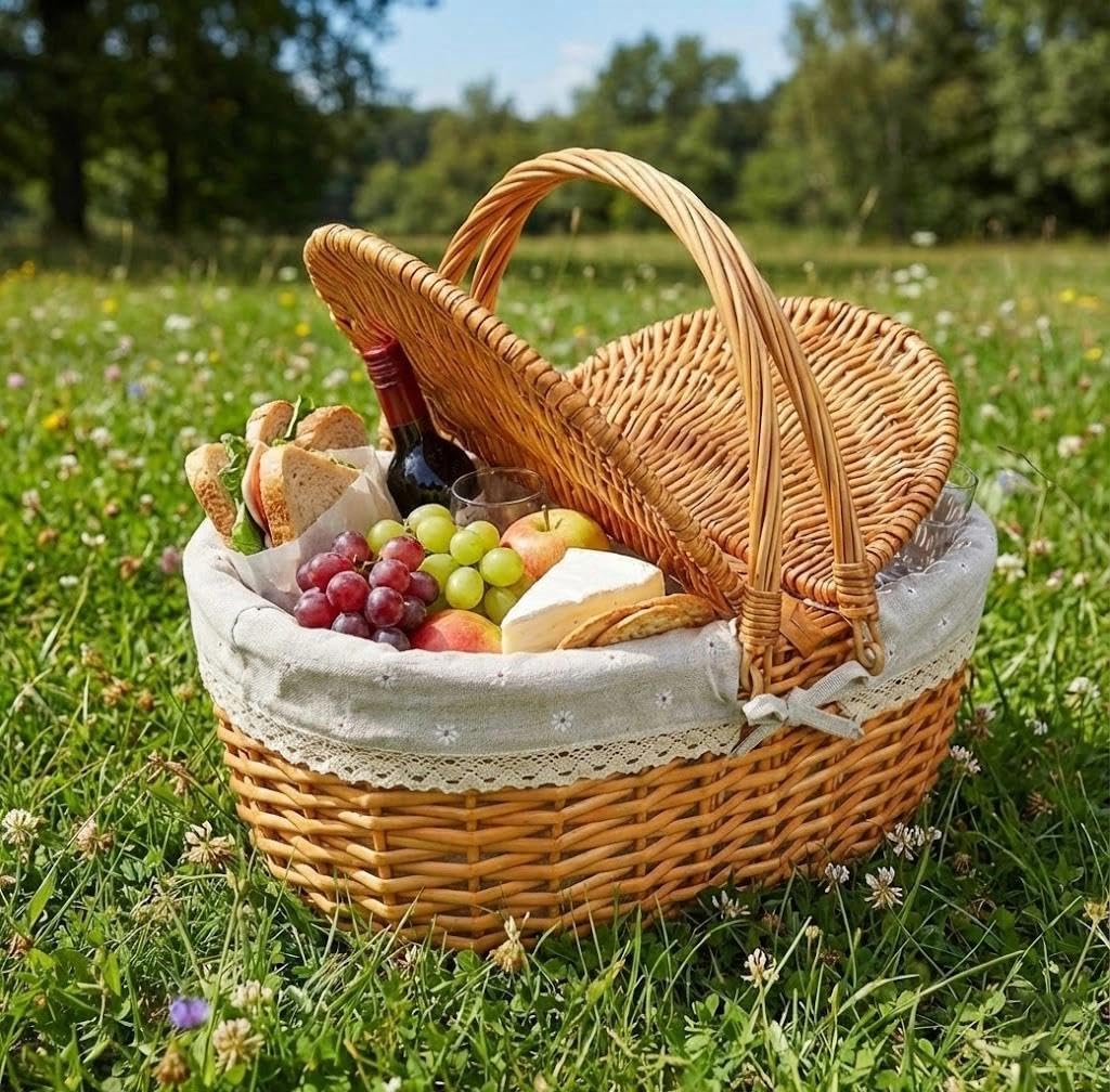 Cestino da picnic in vimini con coperchio, cestino per la spesa intrecciato con manico e fodera, cestino per funghi, cestino in vimini per picnic, campeggio, raccolta di verdure (fiori bianchi)