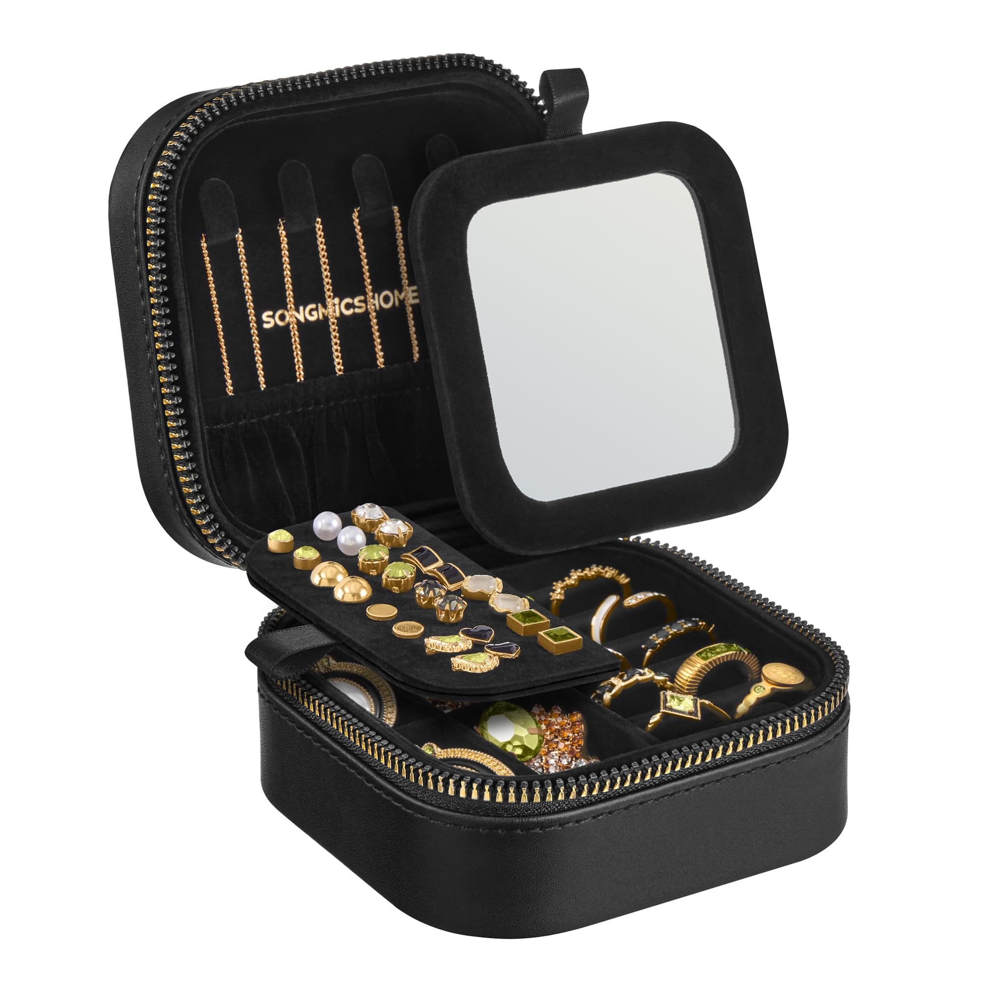 Songmics Home Ink Black Anah Collection - Travel Jewellery Box, Small Jewellery Case Organiser With Mirror, 10.5 X 10.5 X 6 Cm, Pu Surface With Stitching, Portable, Zippers, Gift Idea, Jbc179b01