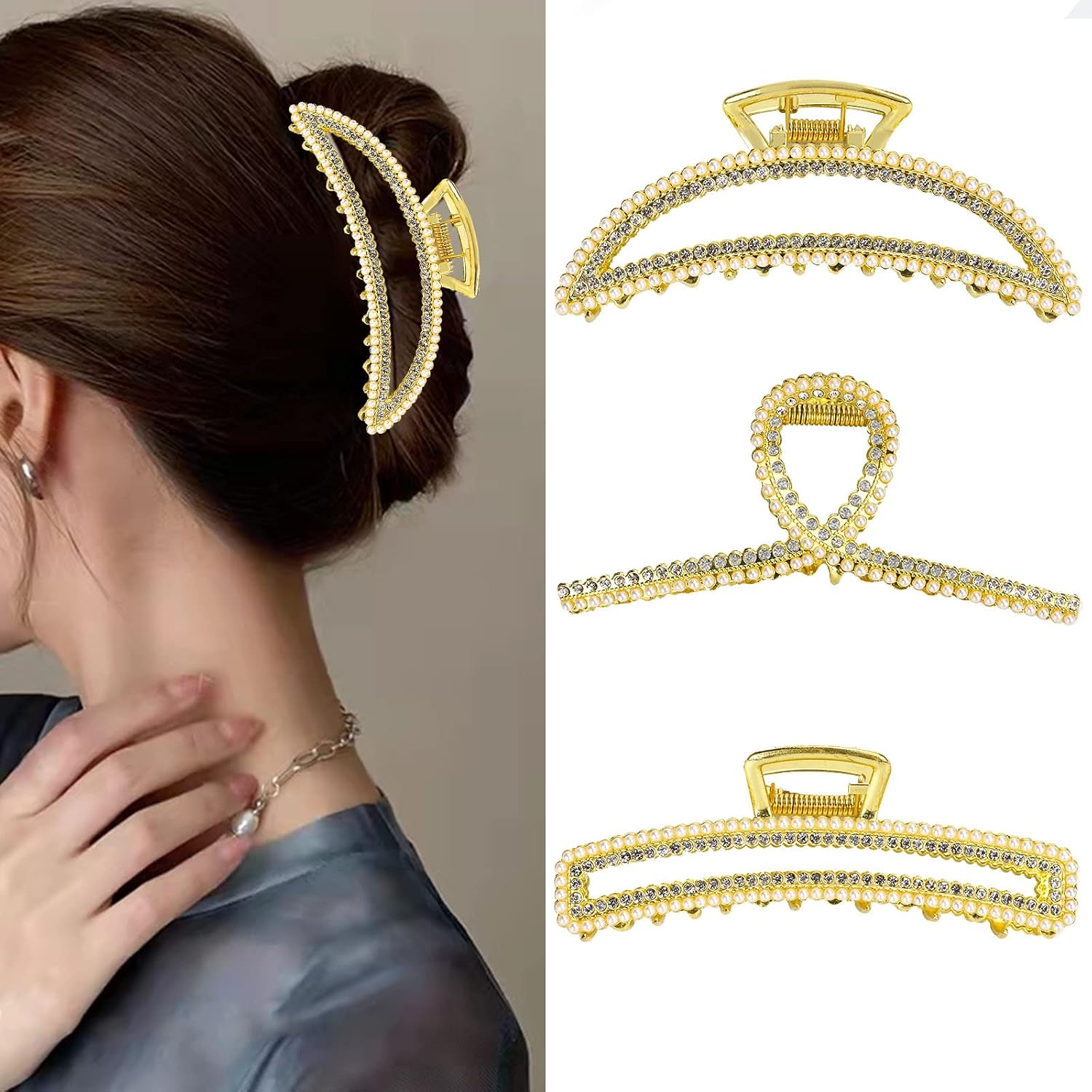 Metal Hair Claw, 3 Pcs Large Claw Clips for Thick Hair Hair Claw Clips with Pearls and Rhinestone