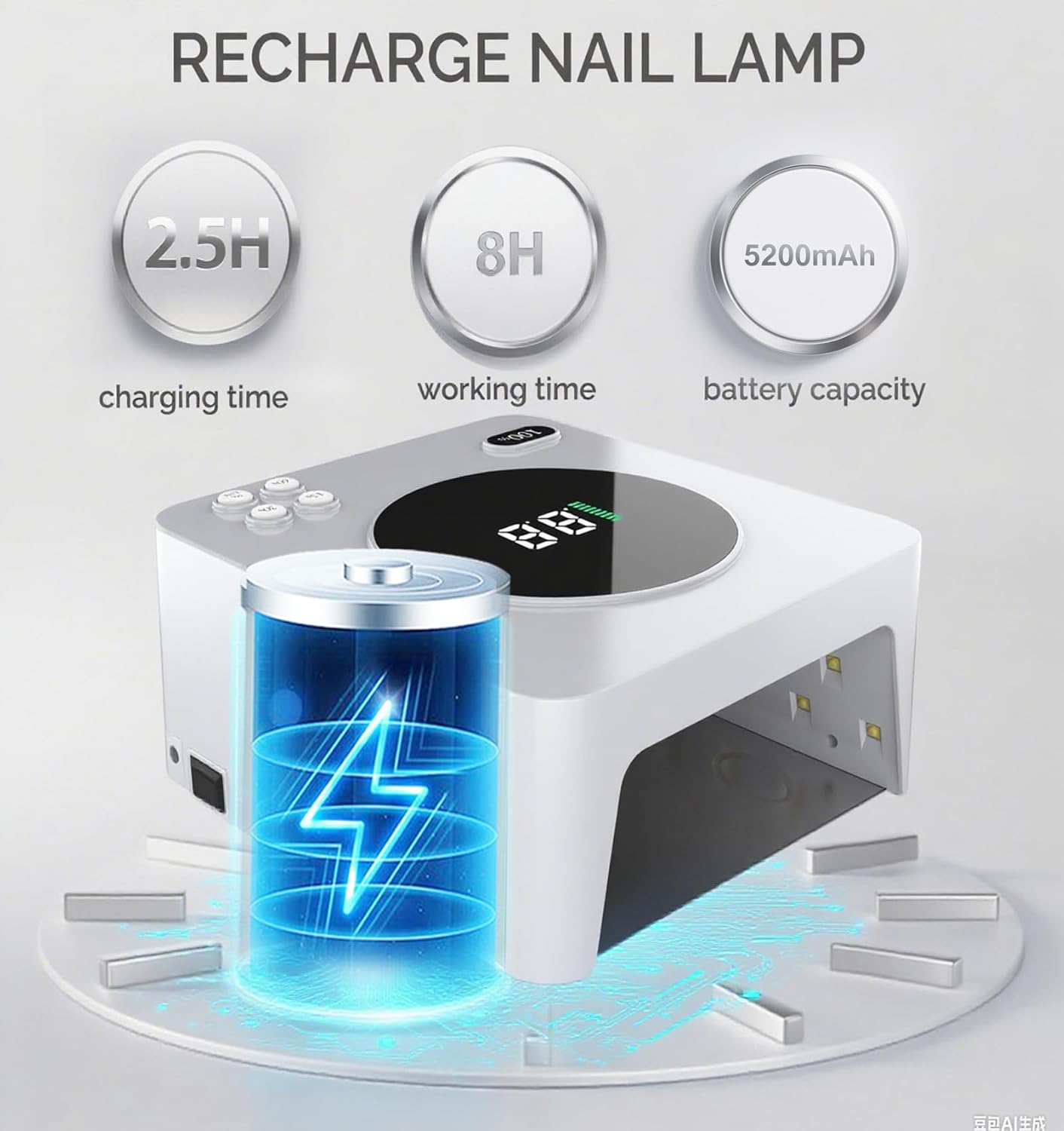 Cordless UV LED Nail Lamp - ETL Certified Rechargeable Gel Nail Dryer with 8H Runtime (2H Fast Charge), 45 LED Beads, 2nd Gen Crystal Lamp Beads, Removable Reflective Base & 4 Timers