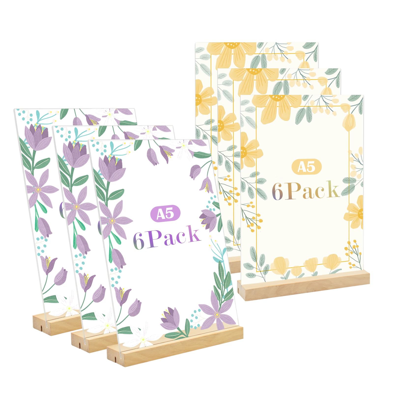 Présentoirs de Table A5, Lot de 6 Forme L/T Support Affiche A5 Plaque Acrylique, Double Face Porte Menu avec Pied en Bois, Support Feuille pour Exposition Café Bureau école-148*210mm