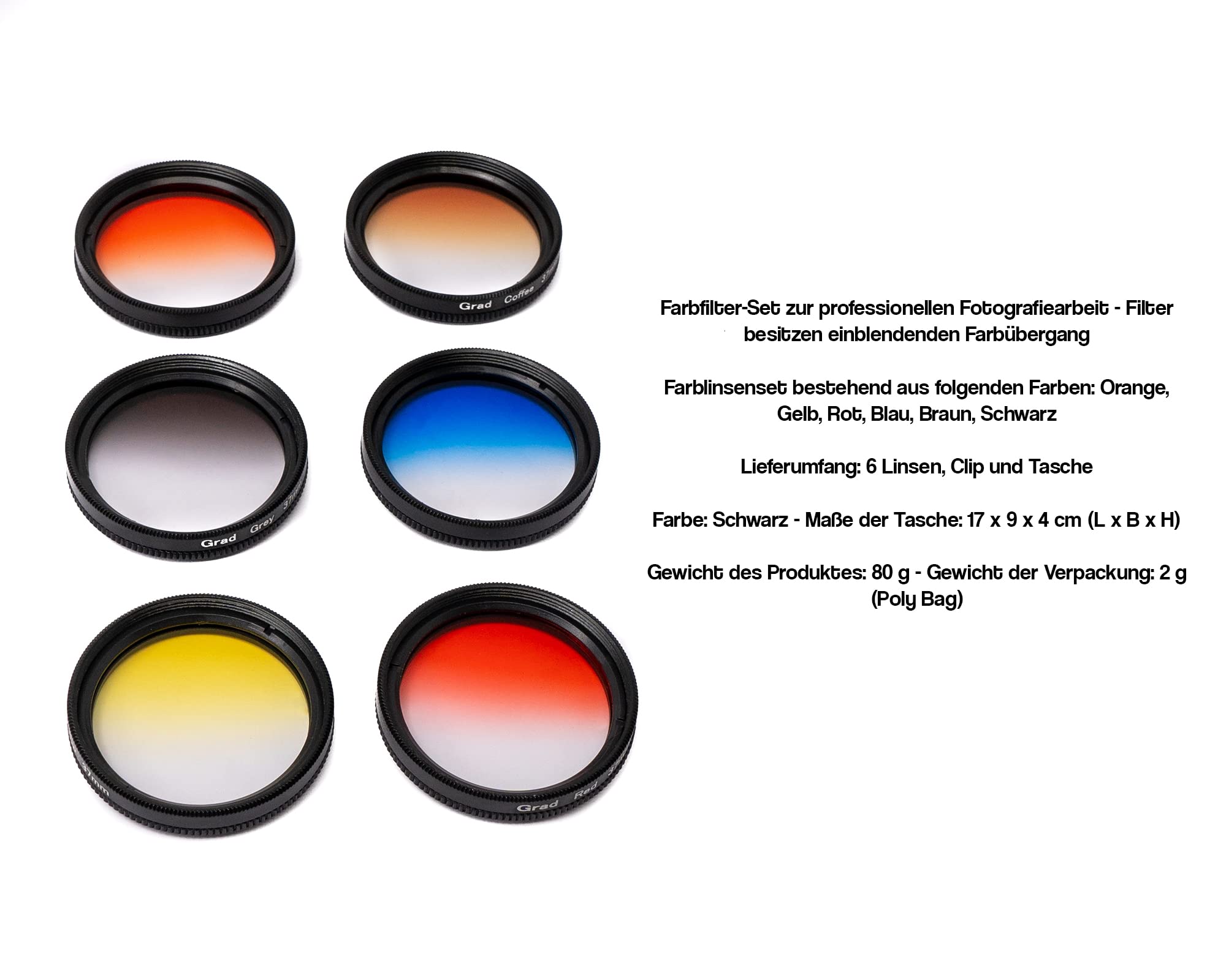 SYSTEM-S Farbfilter Set 37 mm 6 Stück mit Übergang Farbe Kit mit Clip Tasche in Schwarz