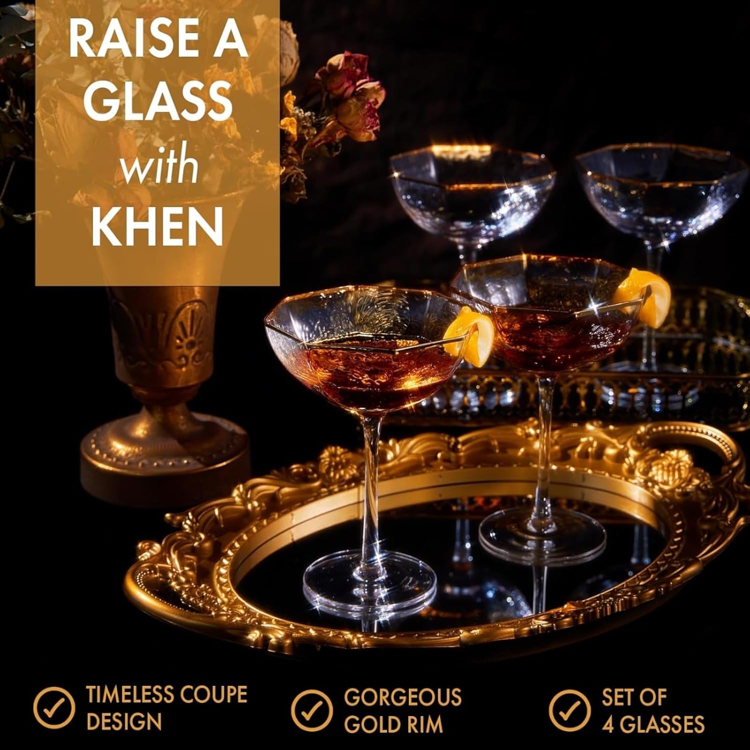 Khen Champagne Coupe Glasses Set of 4 Vintage Octagonal Gold Rim Elegant Art Glass Cocktail Goblets - 6oz Clear Gold Rim