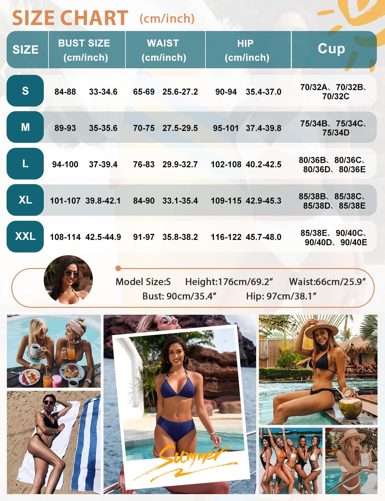 Maillot De Bain Femme 2 Pieces Bikini Deux Pieces Triangle Ensemble de Bikinis Rembourré Swimwear Sexy Col V Chic et Elegant avec Pearl Strings