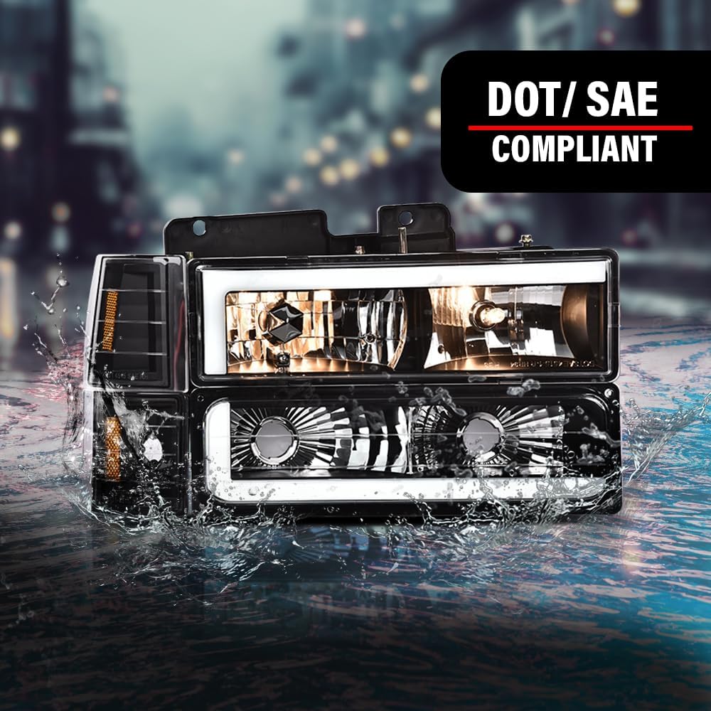 PIT66 Front Headlights Assembly Headlamp Compatible with GMC C1500 K1500 Yukon 1994-1999 Fit GMC C2500 C3500 K2500 K3500 1994-2000 Clear Lens Amber Reflector 5977460, 5977459