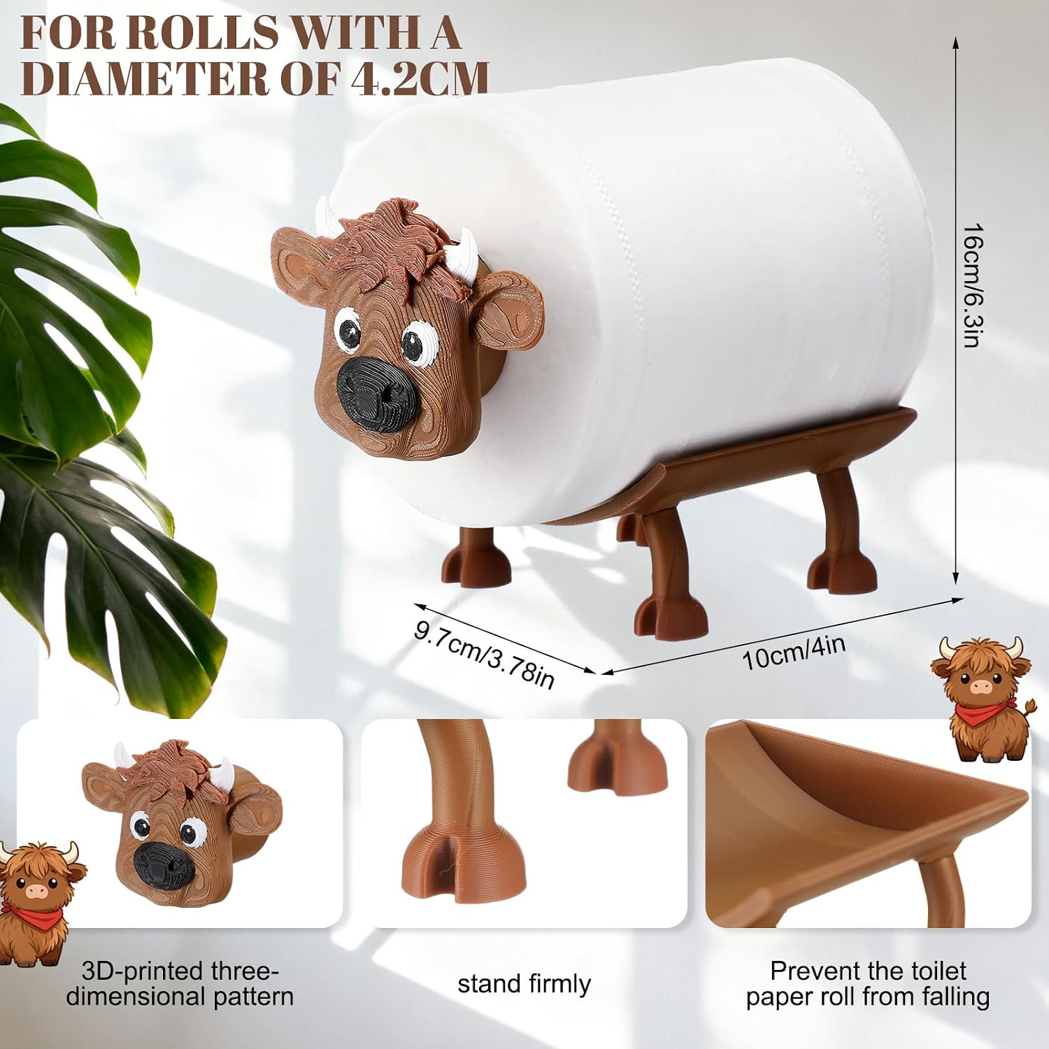 Blushtier Highland Cow Toilet Paper Holder Highland Cow Bathroom Decor 3D Printing Funny Cute Free Standing Toilets Storage for Bathroom Kitchen Bedroom Decor