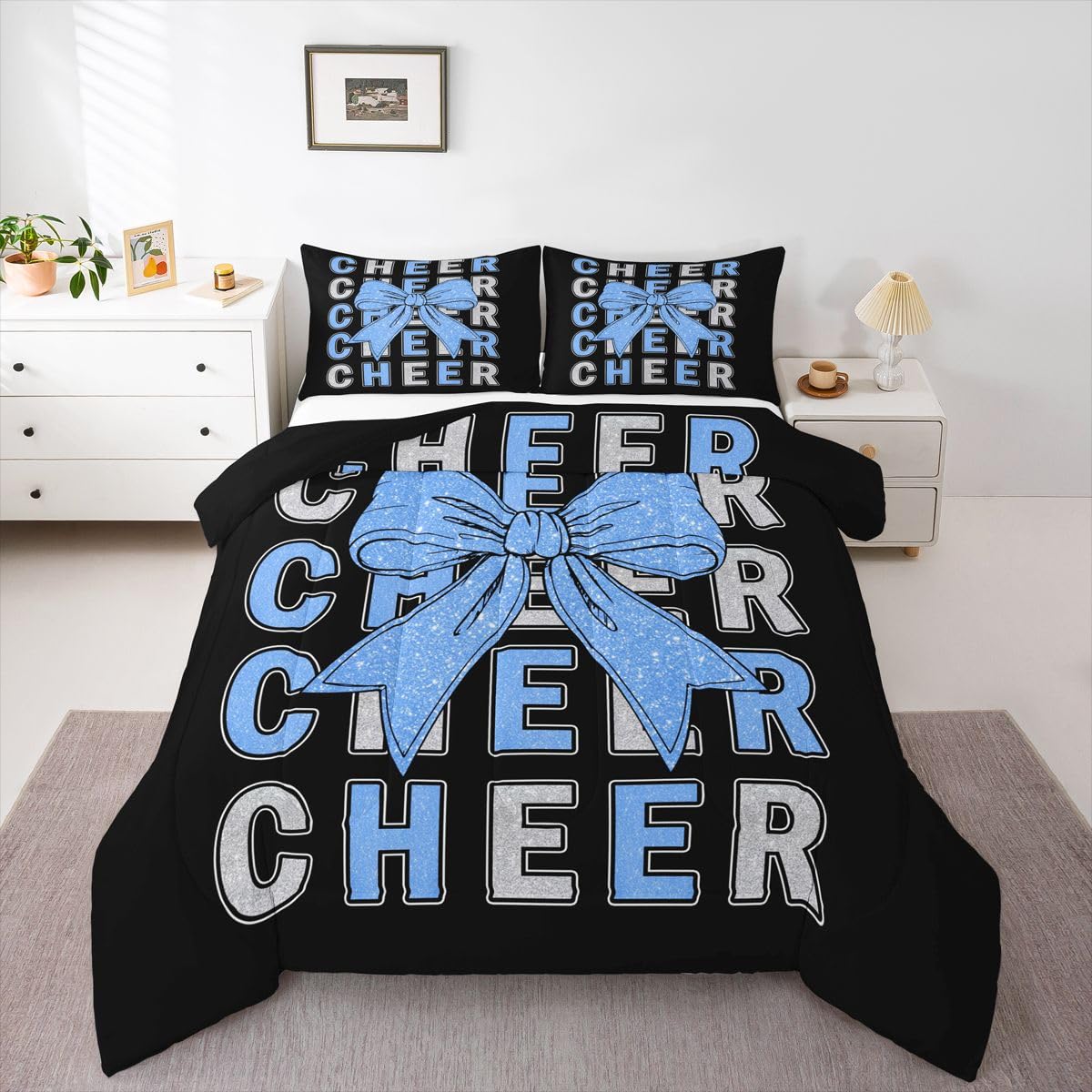Feelyou Blue Cheer Bow Comforter Set All Season Glitter Cheerleader Bedding Set with 2 Pillow Cases Cheerleading Microfiber Kids Full Bedclothes Sport Bedroom Decor Duvet Quilt Soft Lightweight