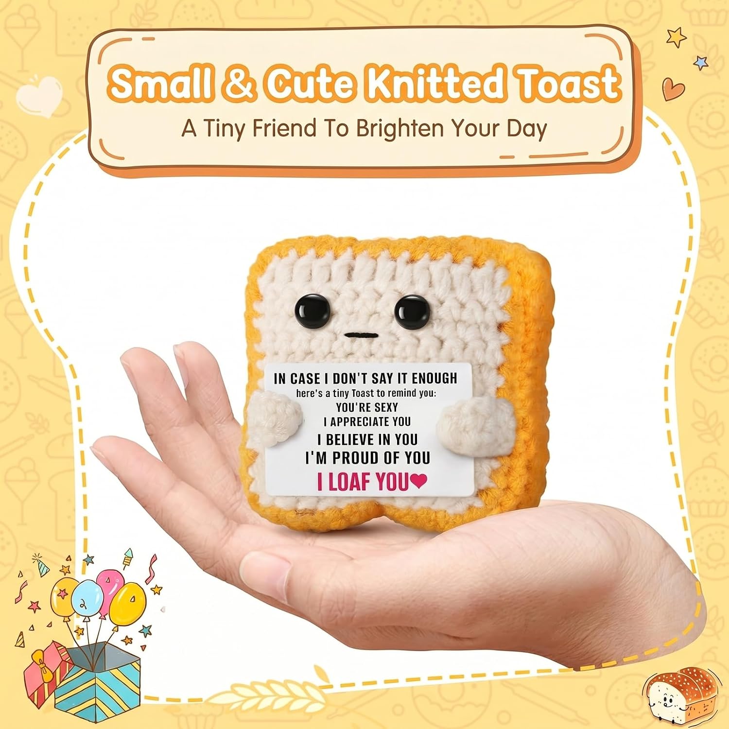 Crochet Toast Plush​, Funny I Loaf You​ Sentimental Keepsake for Her Wife Girlfriend, Valentine's Day Anniversary Romantic Gifts​ for Him Husband Boyfriend (Yellow and White)