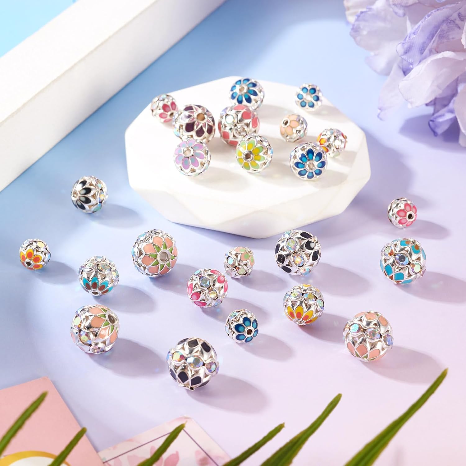 24Pcs Enamel Brass Rhinestone Beads Silver Plated Crystal Round Beads Filigree Flower Cap Disco Ball Spacer Bead for DIY Bracelet Jewelry Making Christmas Party Ornament, 8-12mm - Image 6