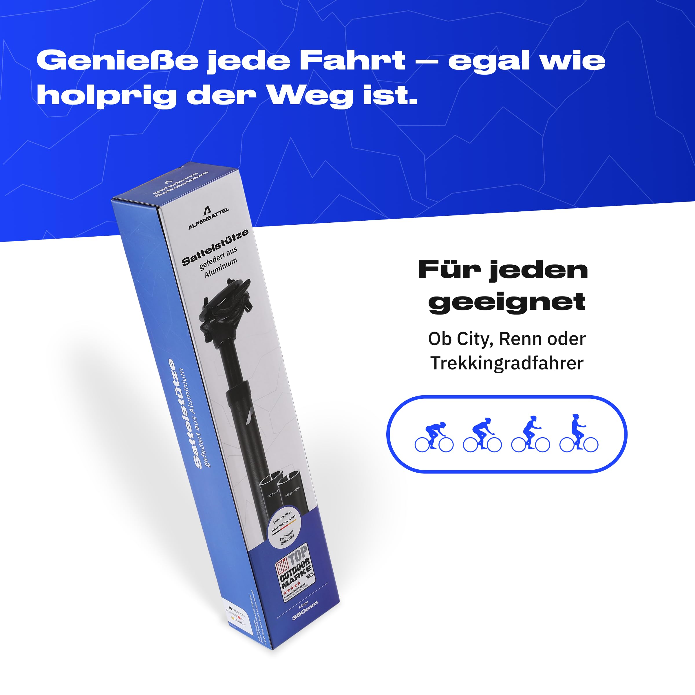 Alpensattel Amortyzowana sztyca podsiodłowa, aluminium 6061, 350 mm, średnica 27,2 mm, ugięcie sprężyny 45 mm, 500 g, do rowerów MTB, E-Bike, trekkingu, do jazdy na rowerze wyścigowym