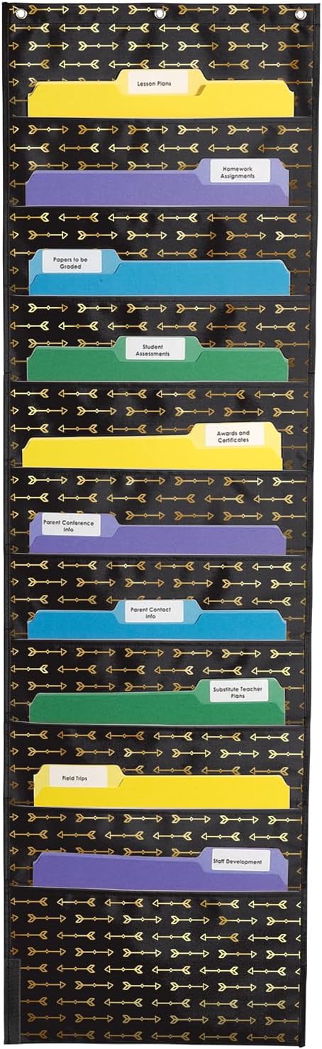 Carson Dellosa 14 x 47 Black with Gold Arrows File Folder Storage Pocket Chart for Classroom, Elementary Classroom Hanging File Folder Storage Organizer, Homeschool and Classroom Organization