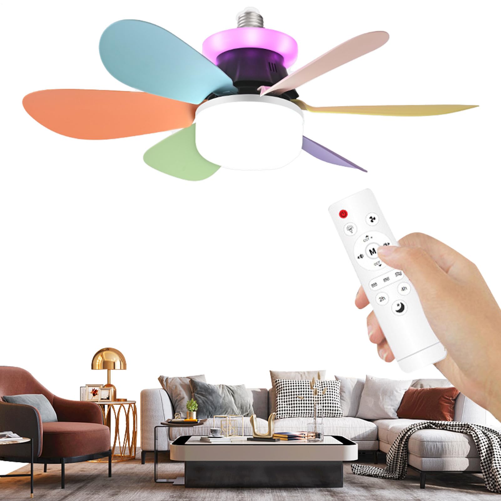 Ceiling Fan with LED Light 3-Speed Modern RGB Bulb