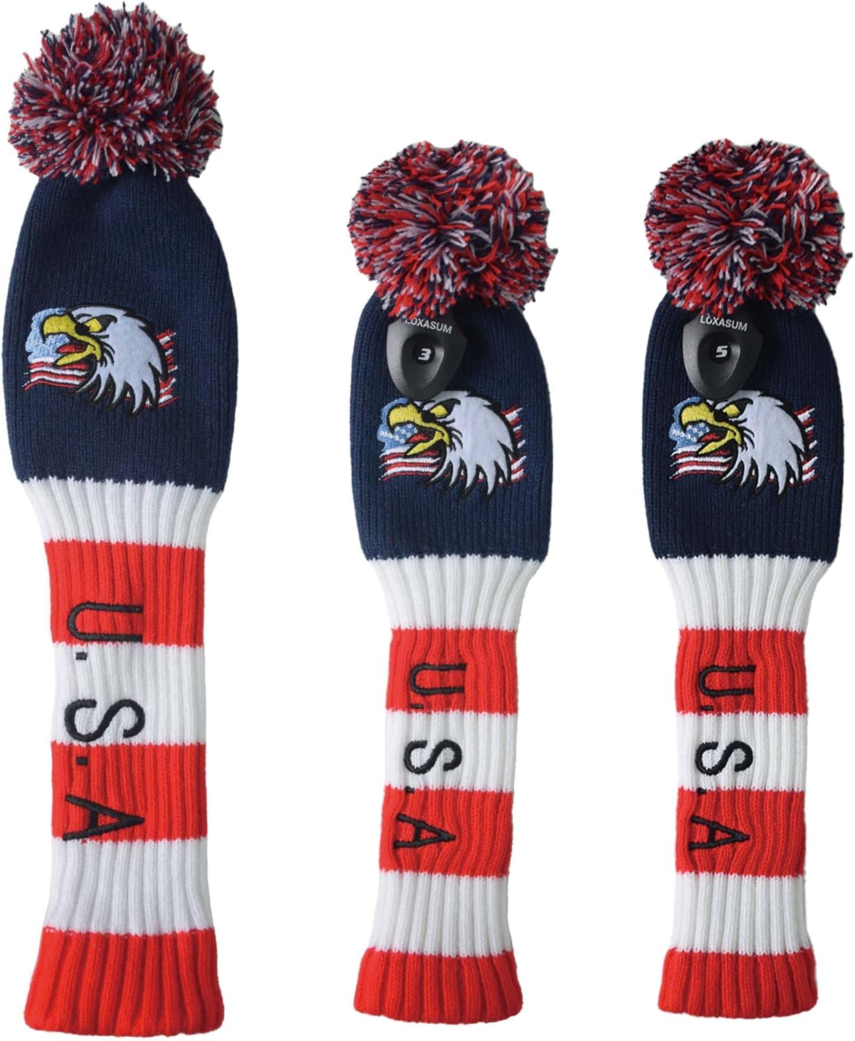 USA Flag Eagle Embroidered Knitted Golf headcovers 135 Set for 460cc Driver Wood Hydrid POM POM Head Club Covers