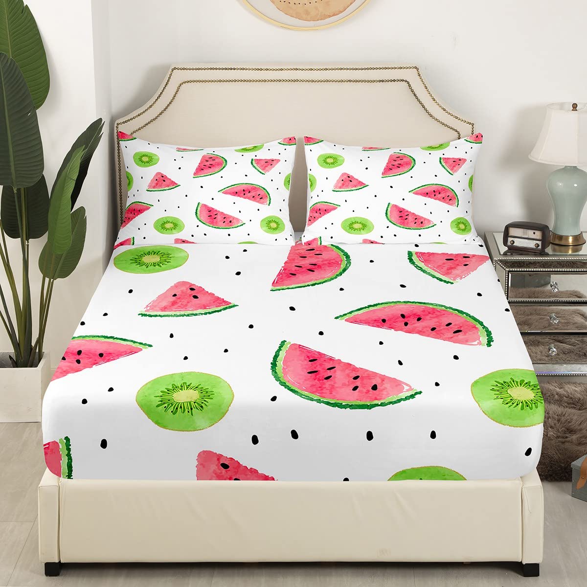 Cute Fruits Fitted Sheet Single Size, Kiwi Watermelon Bed Cover with 1 Pillowcase - Image 3