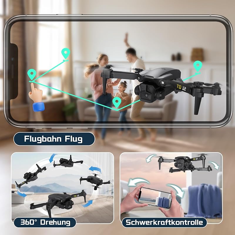 Toladrone TD12 Mini Drón 90° Állítható Kamerával - Összecsukható FPV Quadcopter Optikai Pozicionálással, Kezdőknek és Haladóknak, 2 Akkumulá