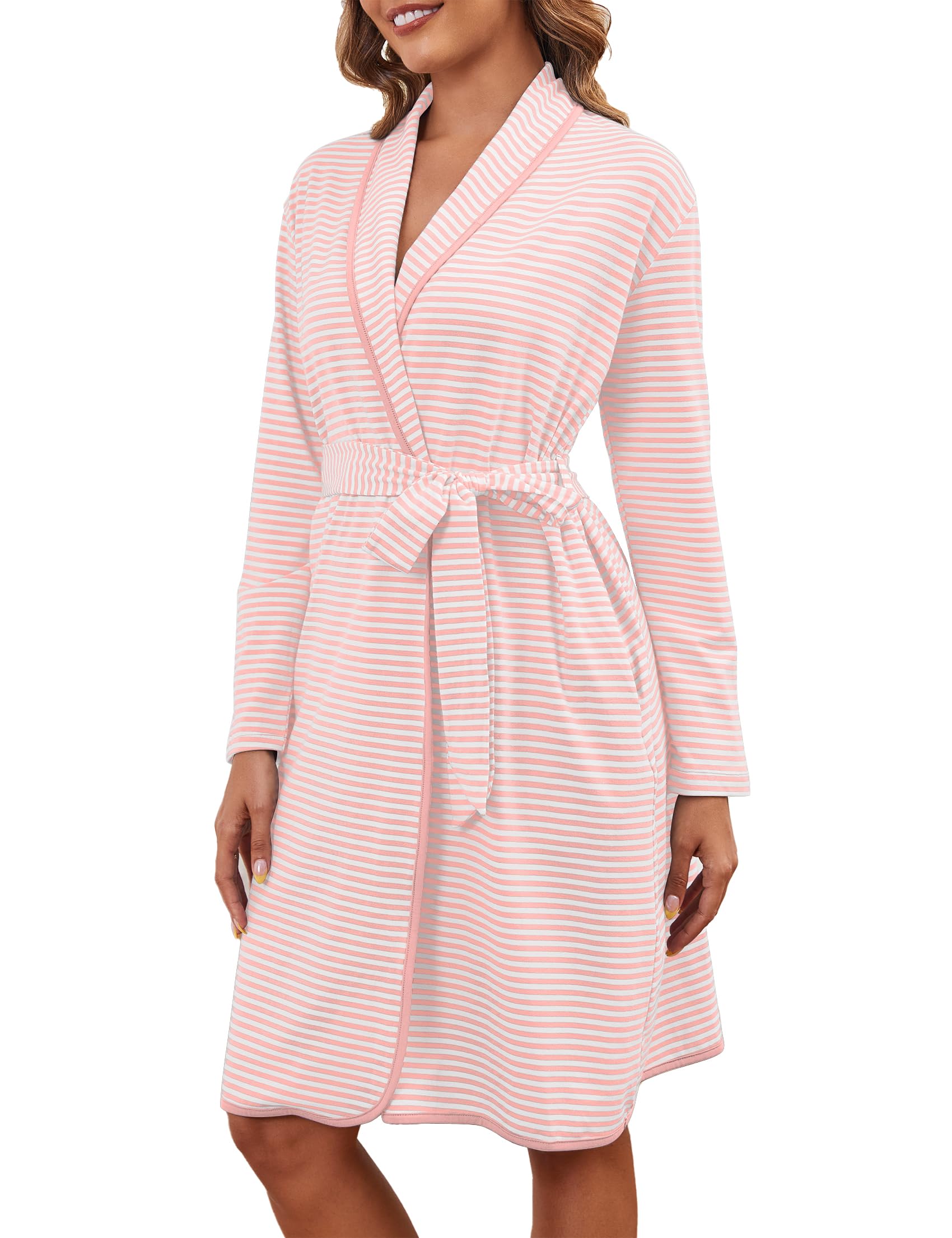 Cotton Robes for Women Striped Long Sleeve Kimono Bath Robe Lightweight House Coat Bathrobe Loungewear with Pockets