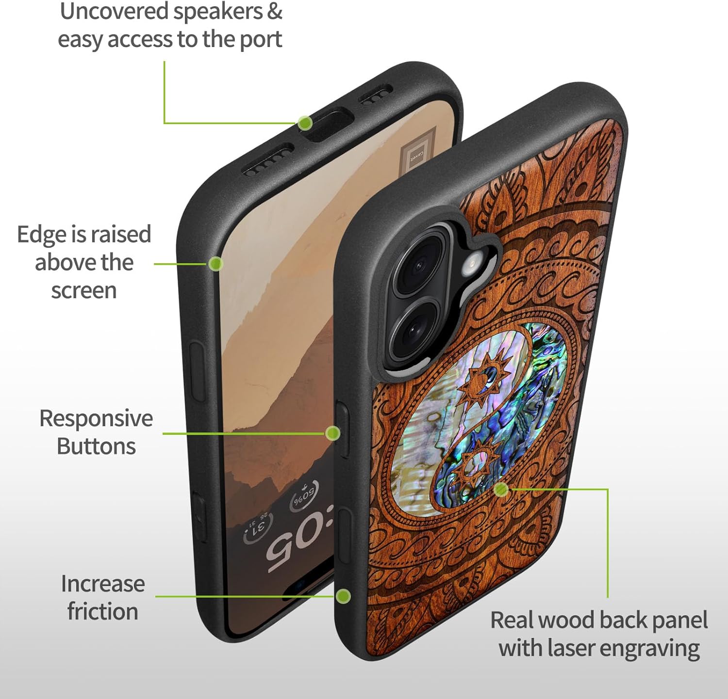 Carveit Magnetic Case for iPhone 16 Plus Case, Wood Artisan Engraved & Handmade Shell Inlaid, TPU Shockproof Cover, Compatible with MagSafe Wireless Chargers (Yin Yang Paisley) Rosy