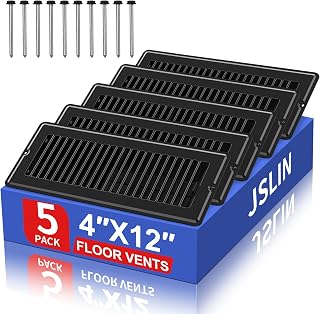 4x12 Floor Regsiter Vent Covers for Home Floor Wall Ceiling - Black with Screws for Easy Installation - Heavy Duty Steel Walkable Finish for Quiet Adjustable Air Vent Cover 4‘’ x 12‘’- 5 Pack