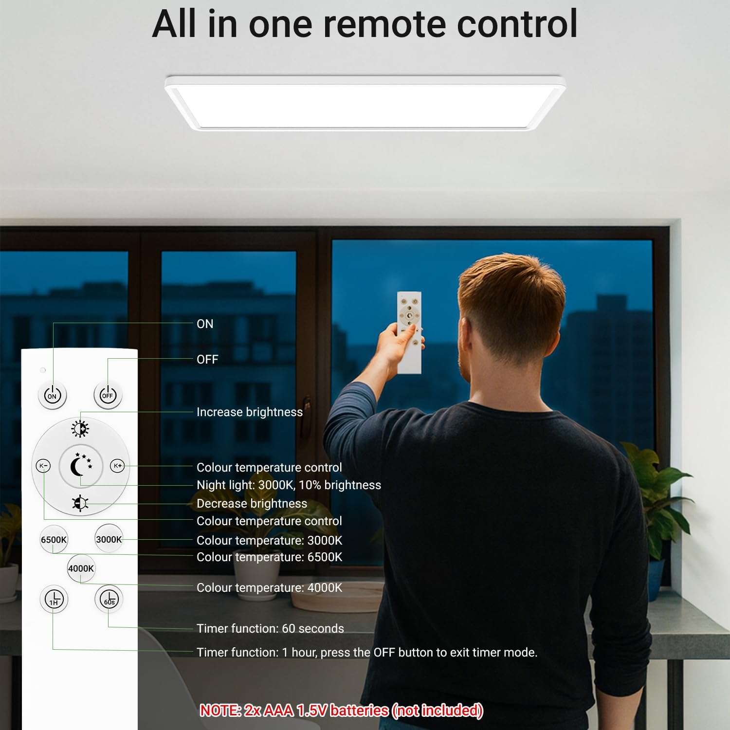 zemty LED Flat Panel Light with Remote 22.8x7.8 Inch, 32W 3500LM 3000K-6500K Color Temperature, Dimmable Flush Mount Ceiling Light Fixture for Kitchen Bedroom Garage
