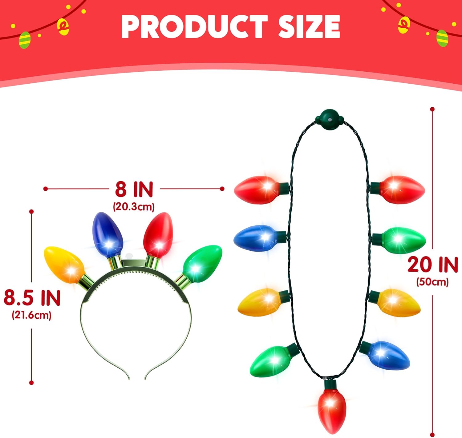 JOYIN 12PCS Christmas Light Up Headband and Necklace with 6 Flashing Modes, LED Christmas Lights Bulb Necklace Headband for Kids Women Men Xmas Party Supplies Accessories