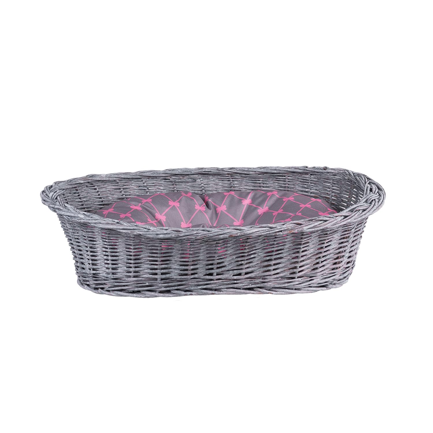 Cesta para perros de mimbre para perros y gatos, cama para perros y gatos, cama con cojín, cesta para animales trenzada, cesta para gatos (gris_gris, 95 x 72 cm, altura 27)