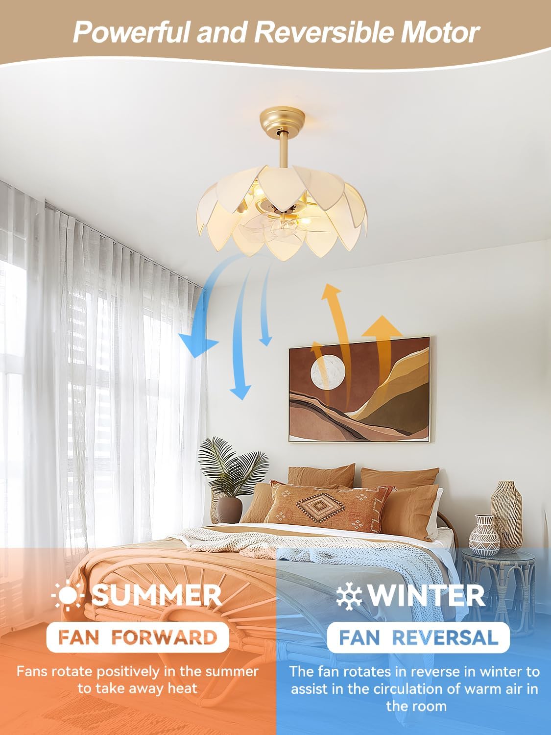 20" Gold Fandelier Ceiling Fans with Lights,Flower Chandelier Ceiling Fan with Light and Remote Control, Boho Fandelier with 6 Speeds for Bedroom, Nursery, Living Room