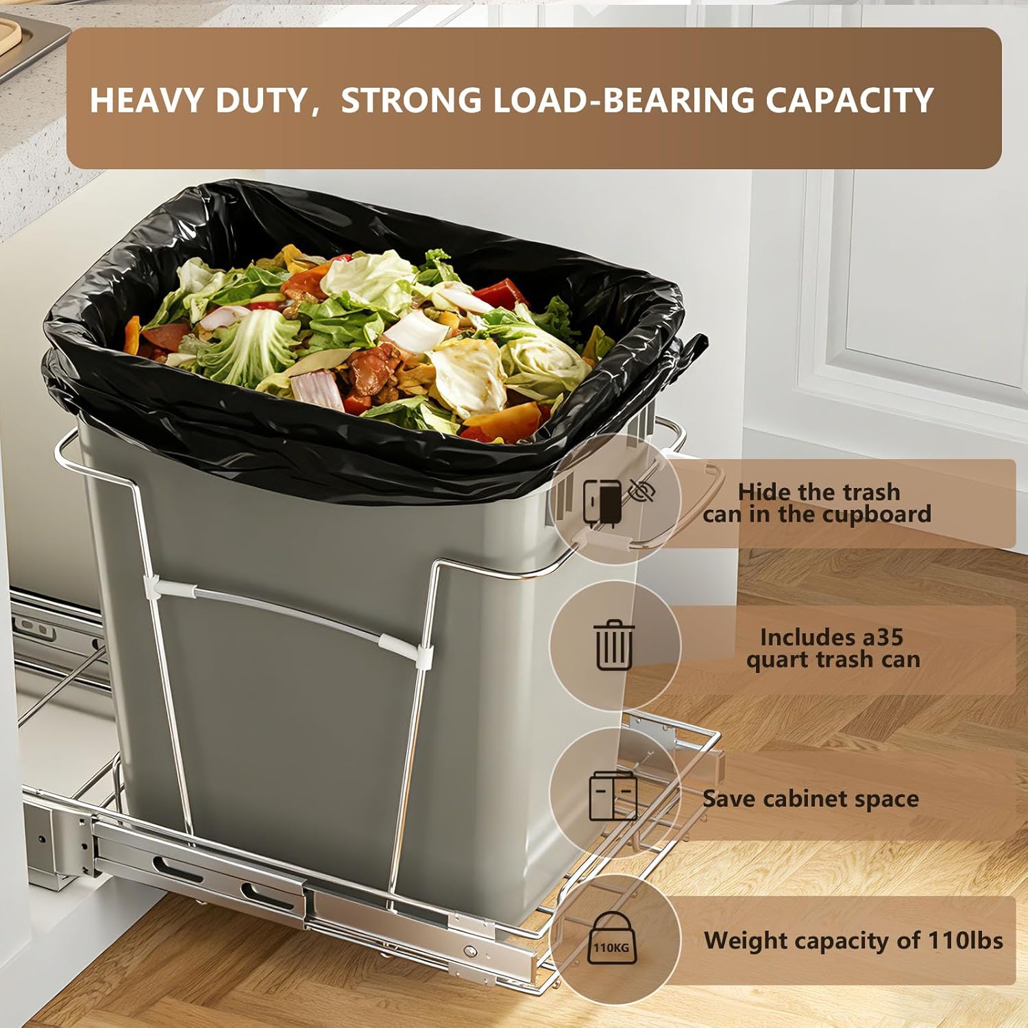 Pull Out Trash Can for Kitchen Cabinets, Under Sink Garbage Bin with 35 Qt / 8.75 Gal can, Full Extension Slides, Heavy-Duty Steel Frame Requires Minimum 13" W x 22" D Cabinet Opening