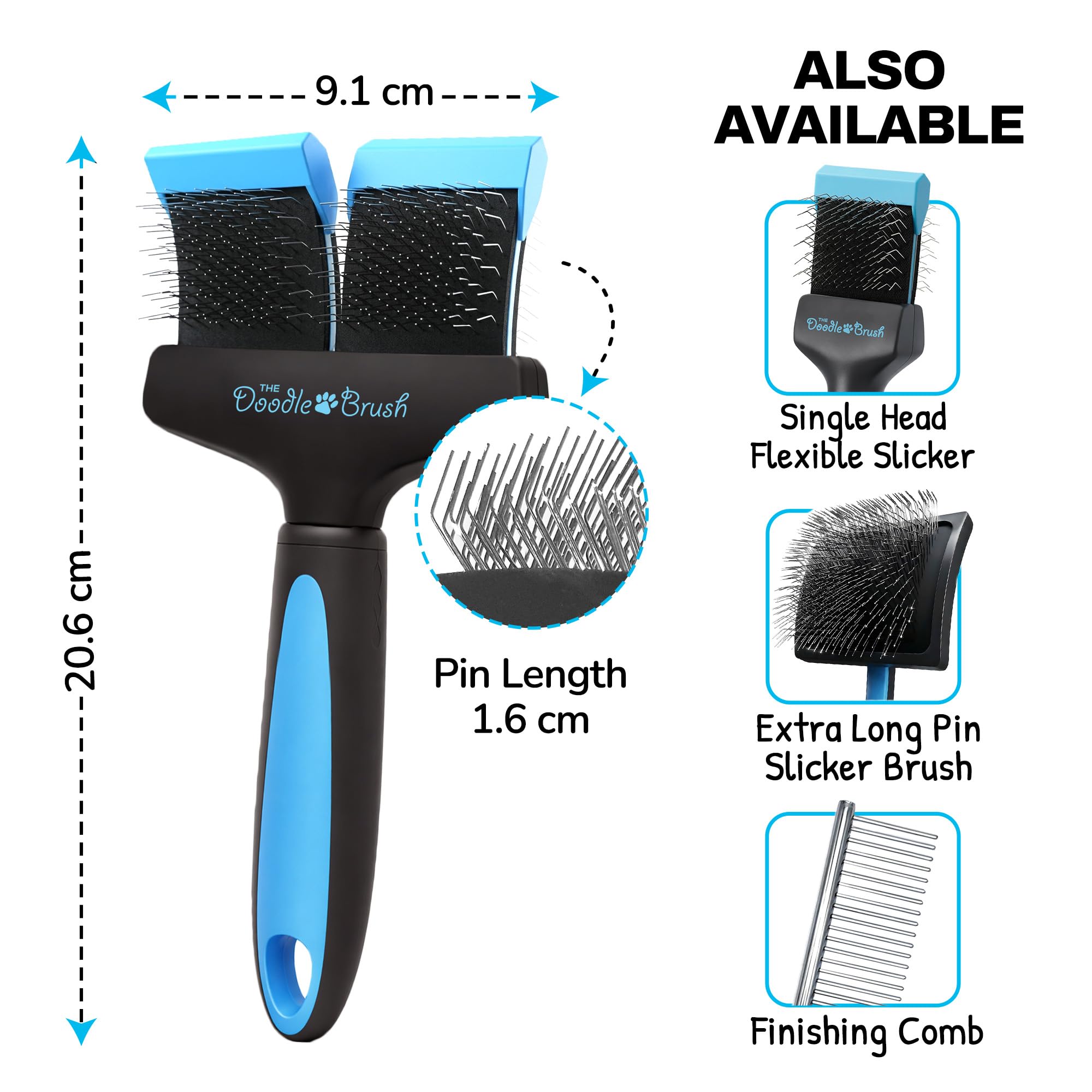 The Doodle Brush Brosse Lissante Double Tête pour Chiens Slicker | Démêle les Nœuds, Longues Épingles, Tête Flexible, Manche Ergonomique, Pour Doodles, Toilettage Quotidien